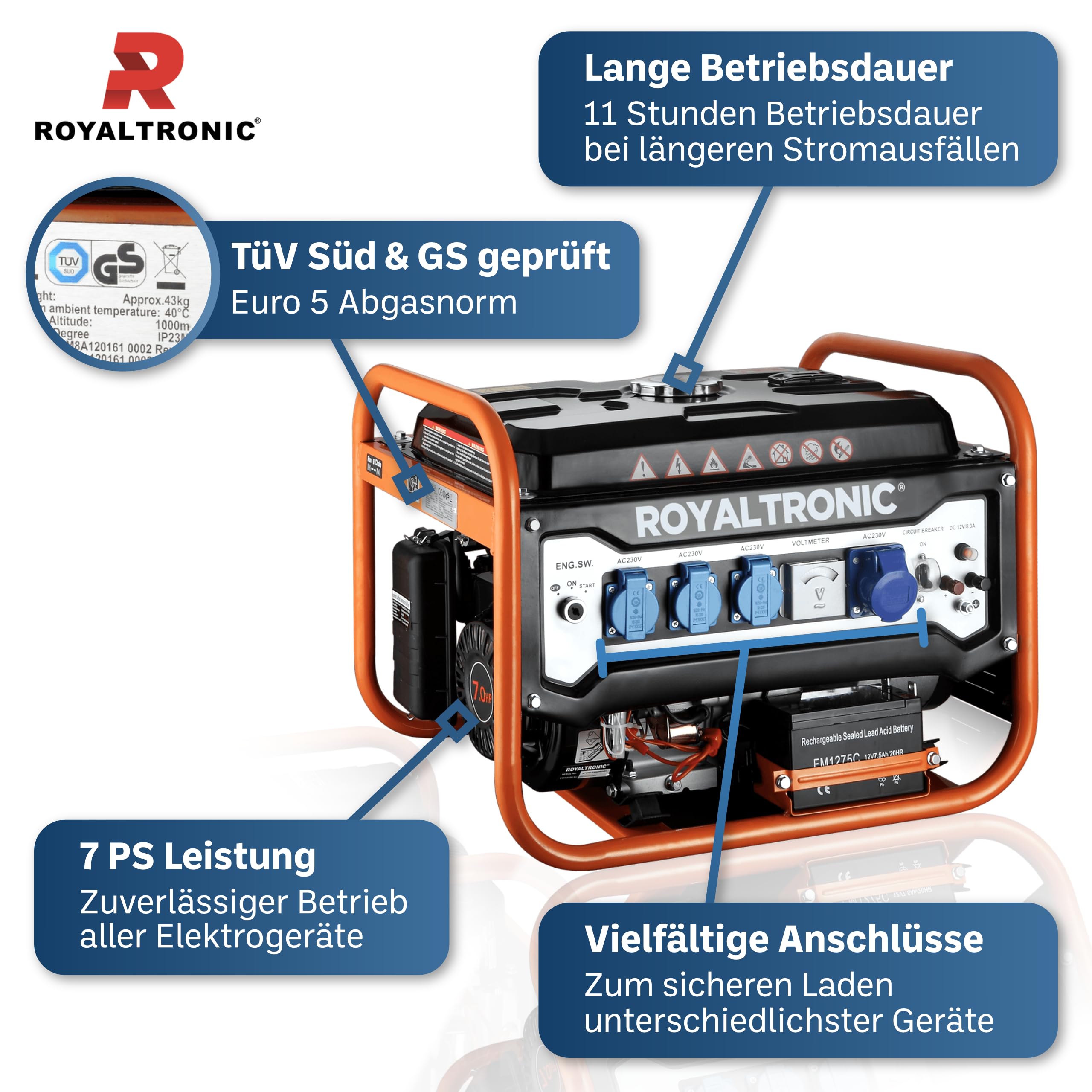 Generator prądotwórczy RT9500E elektryczny start, benzynowy, agregat prądotwórczy, generator prądu z kluczem, w zestawie bateria Euro5