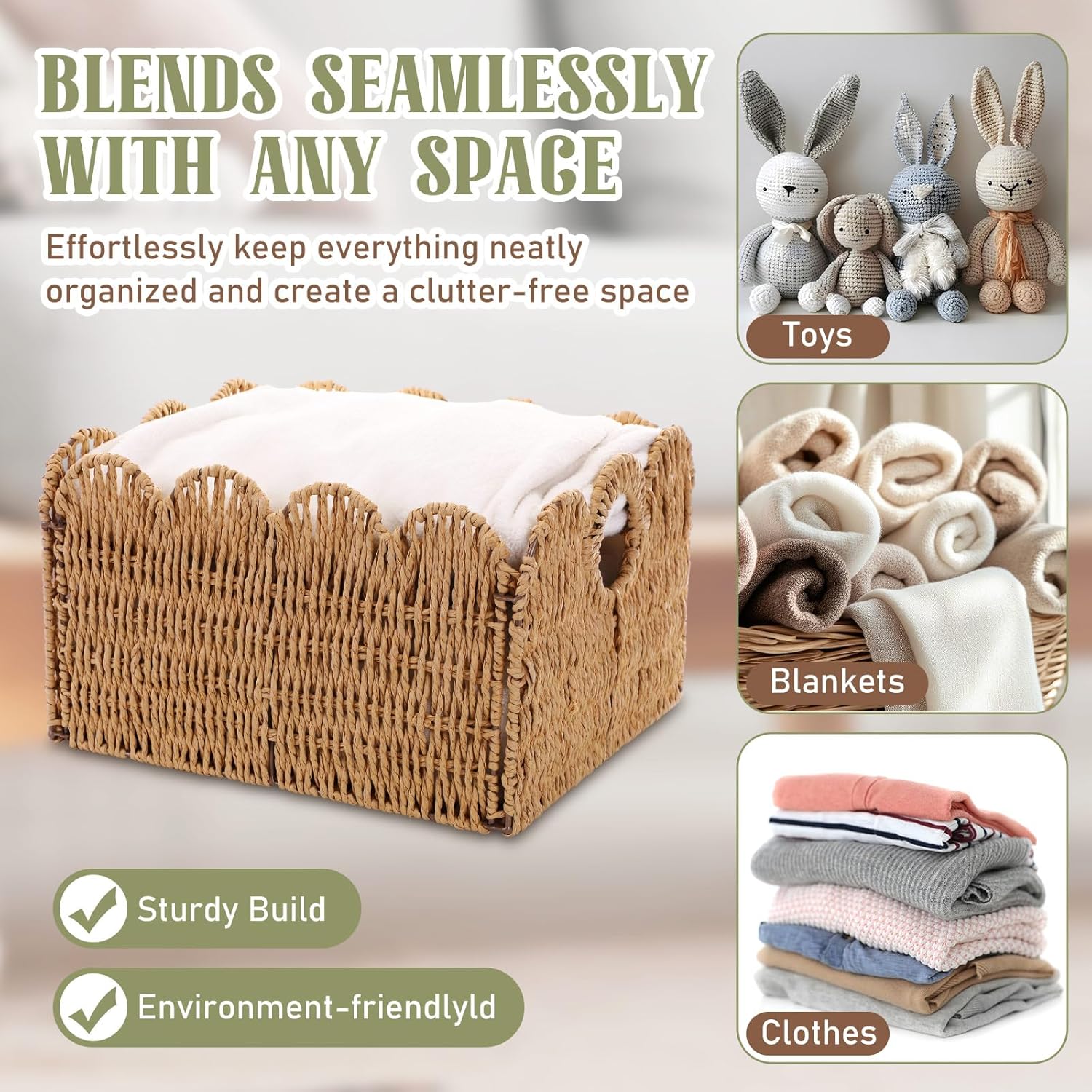 Leinuosen 4 Packs Scalloped Wicker Storage Basket Paper Rope Pantry Baskets for Shelves Organizing Toilet Paper Foldable Rattan Cube Storage Bins Boho Organizer Bins for Home, 13 x 11 x 7.9 Inches