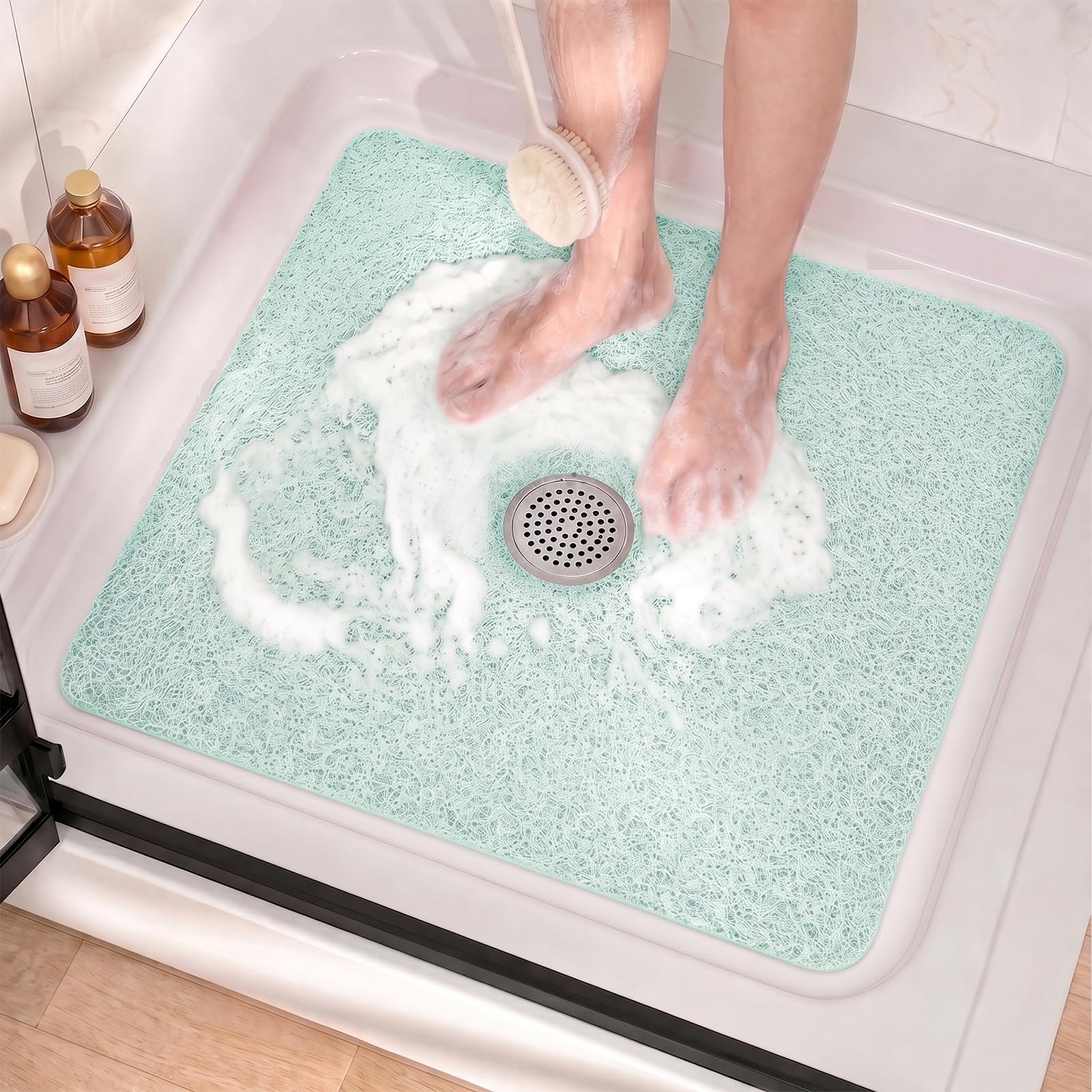 Loofah Shower Mats with Drain Hole in Middle for Inside Bath 60x60CM Green