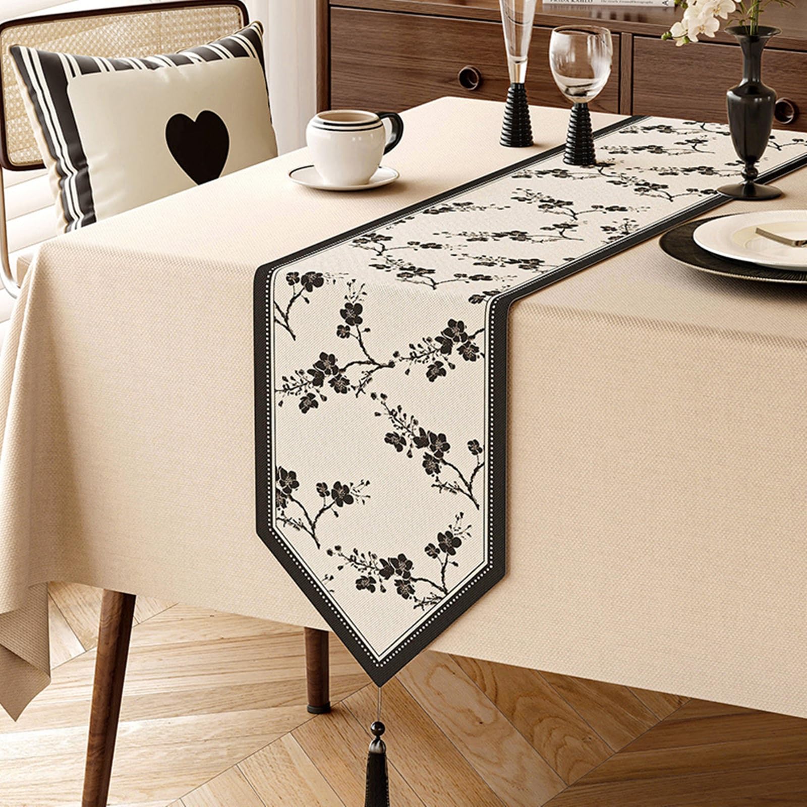 Beige Weiß Schwarz Tischläufer Baumwolle Leinen, Esstisch Tischläufer Abwaschbar Blumen und Baumzweige Muster mit Quasten Tischdecke für Küche Dekor, 30x200 cm, Beige Weiß Schwarz