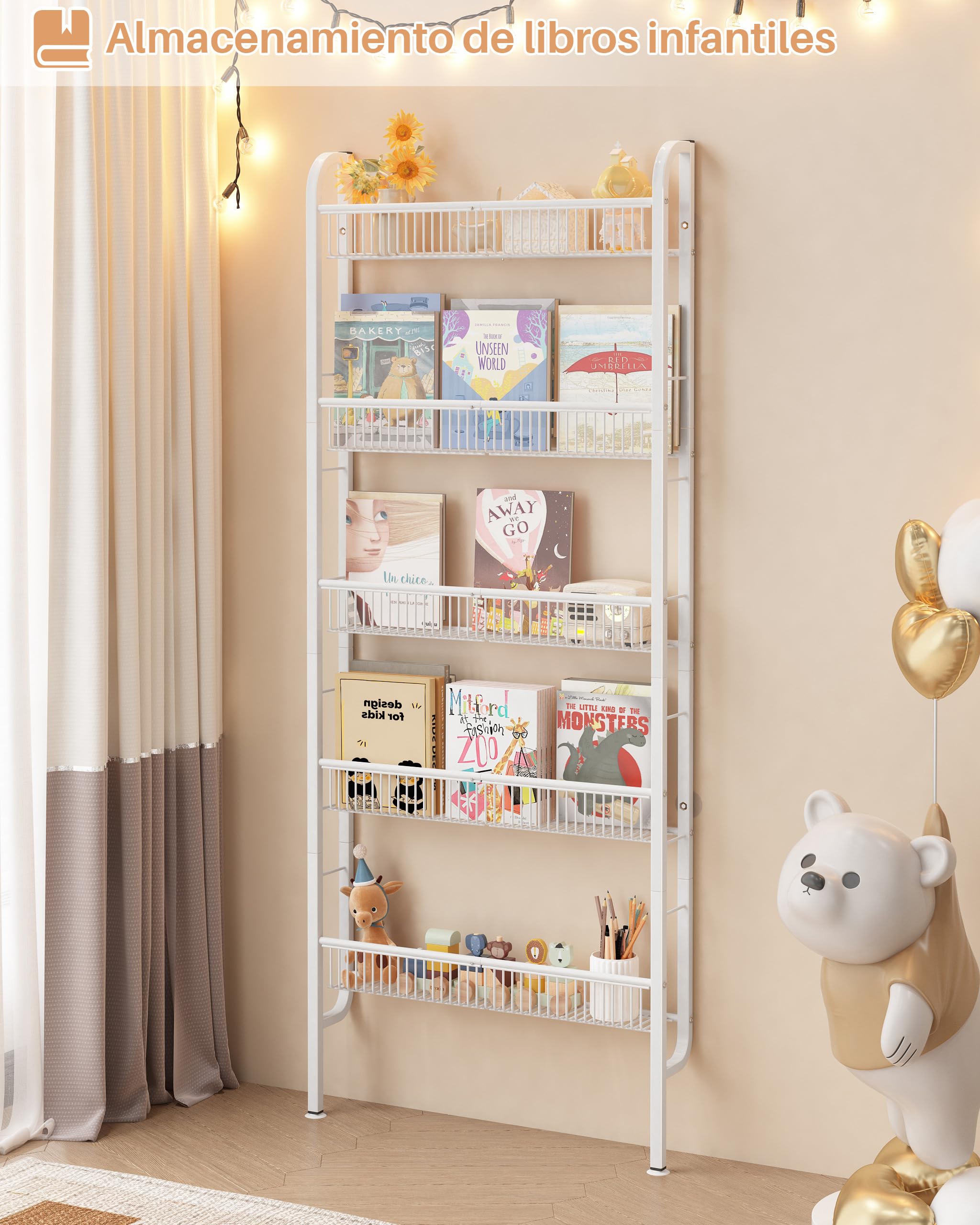 UMDONX Estante de Pared 5 Niveles, Estante Estrecho para Libros y Decoración, Organizador Multifuncional de Metal para Espacios Pequeños, Blanco