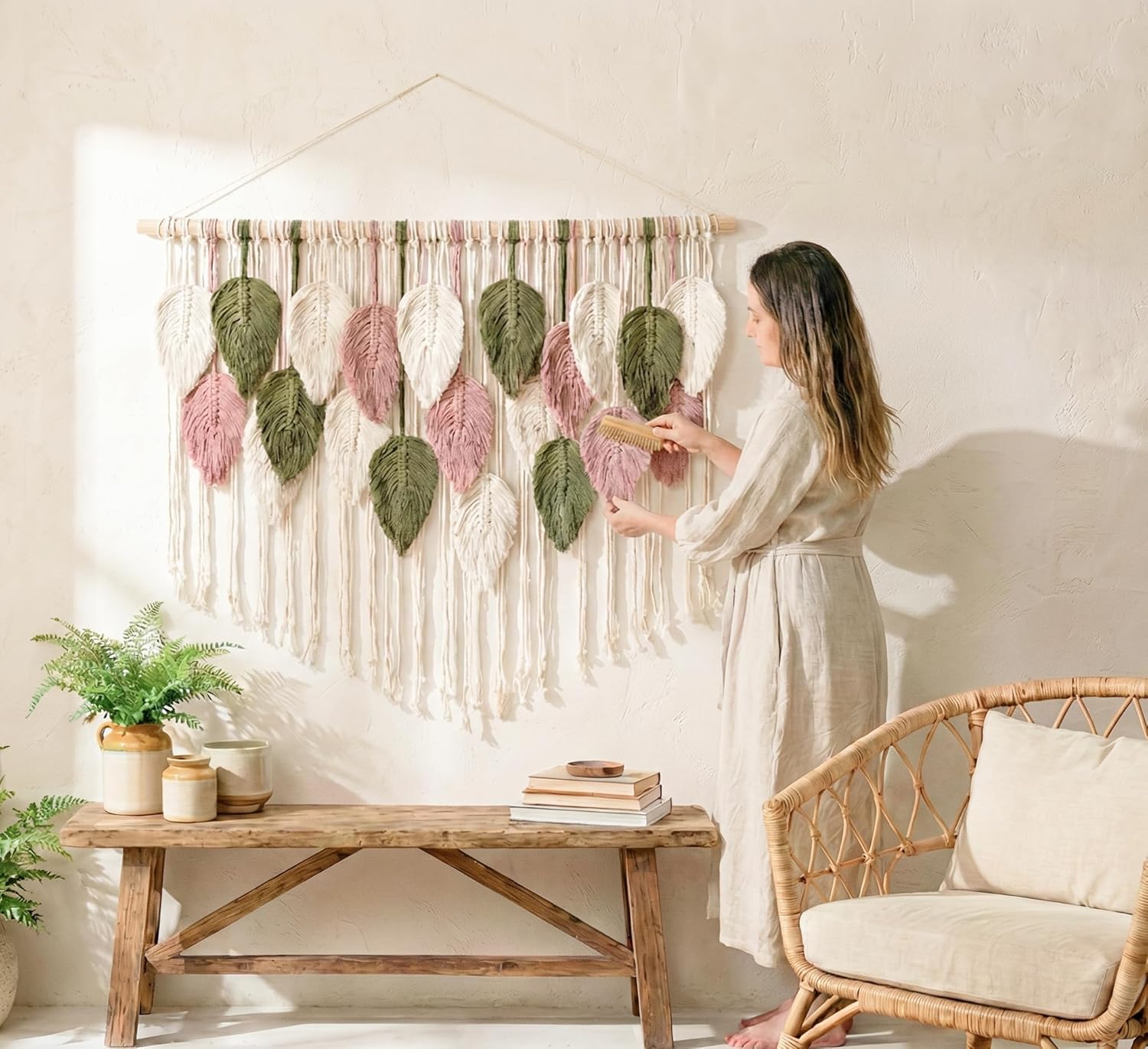 WOODSTICK Large Macrame Wall Hanging 39"W x 29.5"L - Boho Wall Decor in Beige, Old Pink & Green - Chic Woven Leaf Leaves Boho Tapestry, Handmade Cotton Fiber Art, Macrame Wall Décor, Bedroom Tapestry