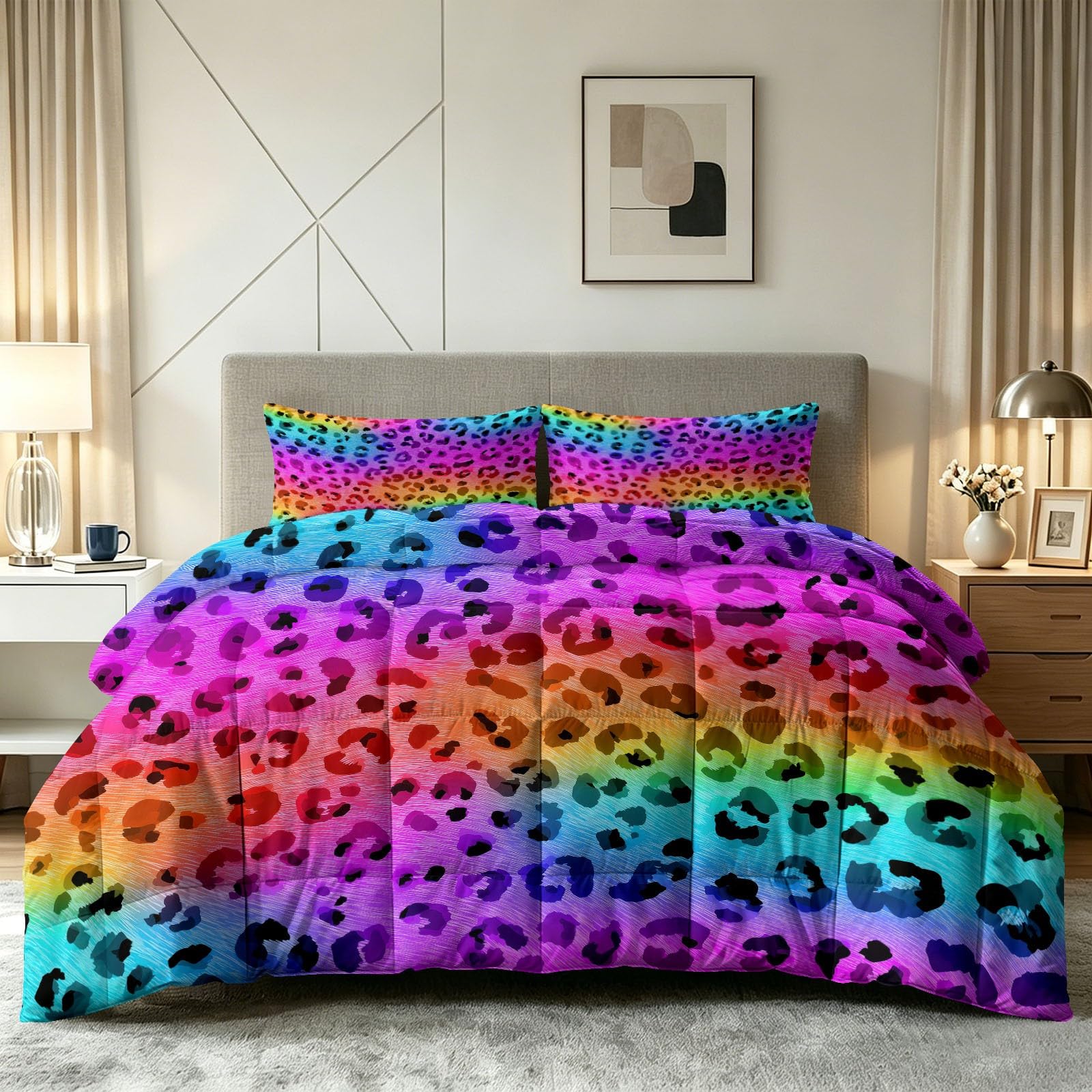 Modern Wild - Piumino 135 x 200 cm, 4 stagioni, morbido e anallergico, senza rivestimento, con motivo leopardato arcobaleno, leggero e lavabile, per tutto l'anno, con 2 federe