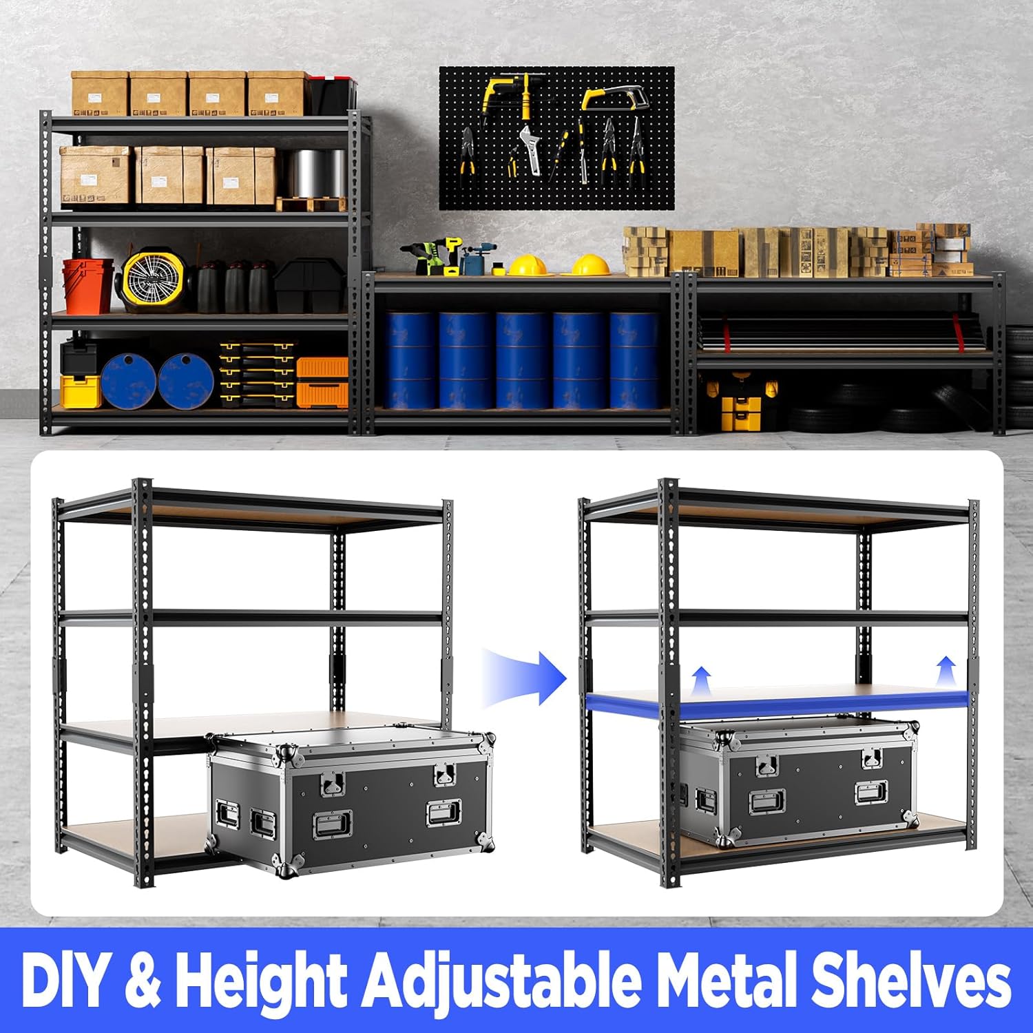 4-Tier Heavy-Duty Garage Shelving 40”W X 19.7”D X 59”H 2000LBS Capacity Industrial-Grade Shelving Adjustable Metal Shelves Includes Matte Polypropylene Spacers (Black) 2 Pack