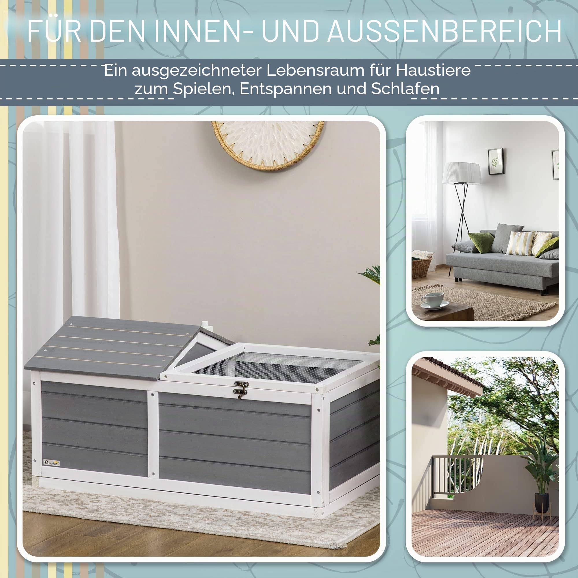 PawHut Käfig für Kleintiere, Schildkröte, mit 2 Rädern, 86 x 54 x 43 cm – Tannenholz
