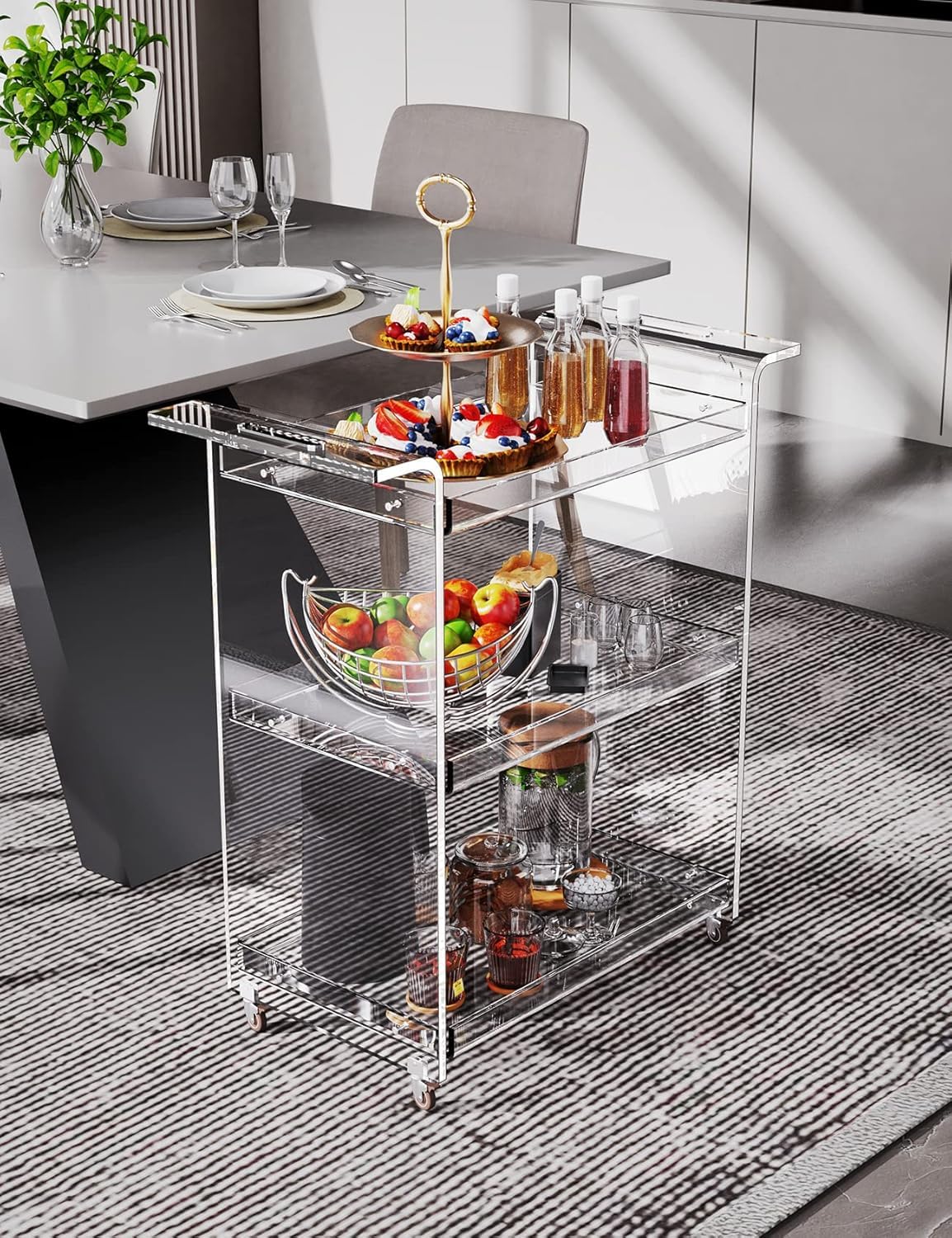 Carrello di Servizio in Acrilico Trasparente, con Rotelle, Carrello Bar per Cucina e Soggiorno, 53 x 30 x 72 cm (Trasparente)