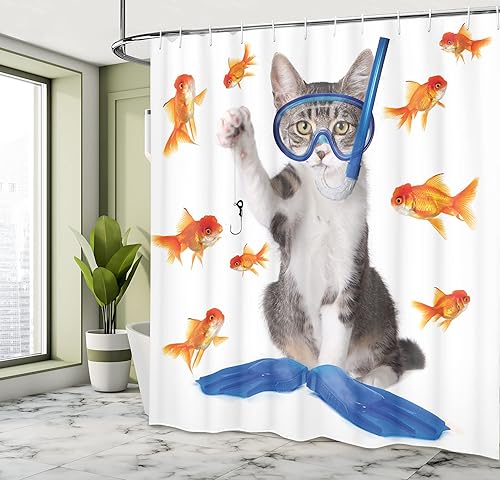 Miniatura 4 de Ambesonne Cortina de ducha de gato, giro moderno en el término, pesca curiosidad, arte humorístico, juego de decoración de baño de tela con ganchos,