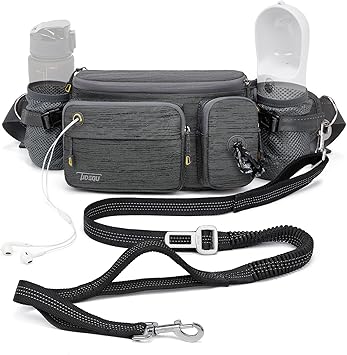 TUDEQU 4-in-1 Running Leash with Large Fanny Pack,Around The Waist Dog Leash Belt, Fanny Pack for Dog Walking