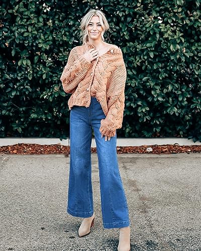 Miniatura 4 de GRAPENT Pantalones de mezclilla para mujer, holgados, elásticos, de cintura alta, pierna ancha, con costura frontal a la moda, jeans sueltos de los