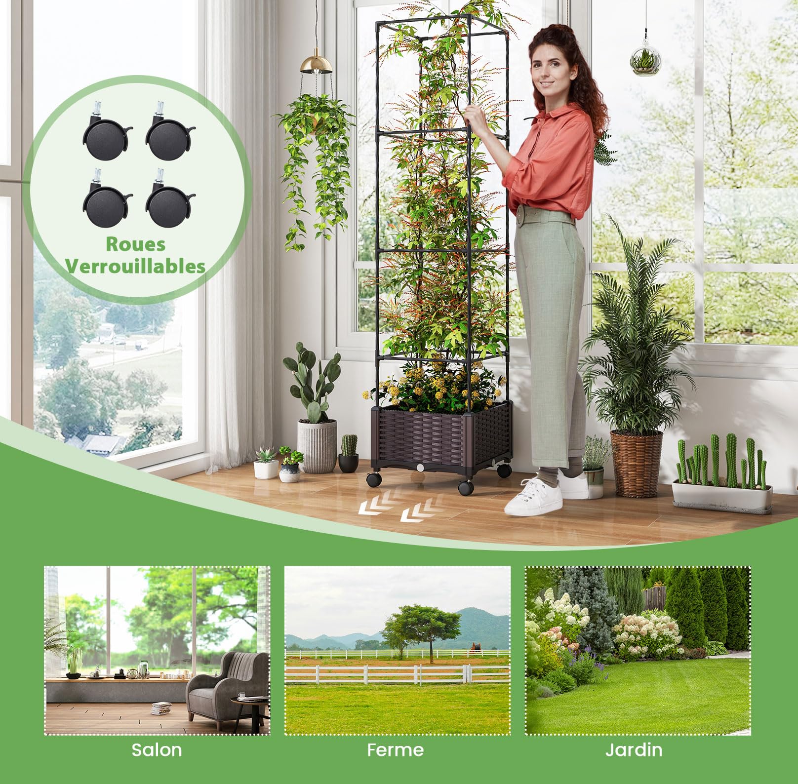 GOPLUS Jardinière avec Treillis Jardin pour Plantes Grimpantes, Obélique avec Carré Potager Pot,Cage à Tomates à roulettes 4 Hauteurs 170/130/90/50CM 40 x 40 x 32CM