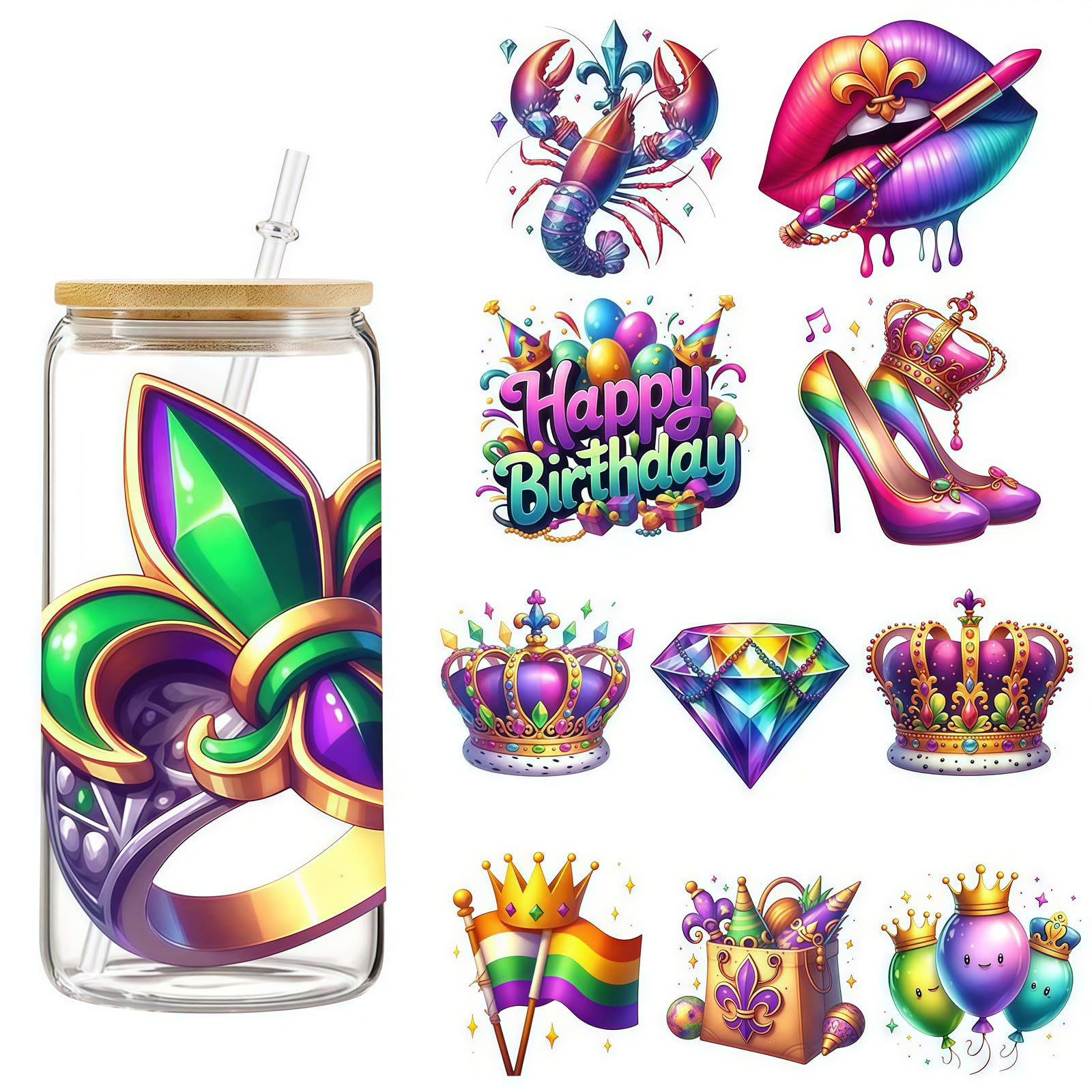 5pcs Happy Birthday Gift Decoration UV DTF Cup Wraps Winter UV DTF Transfer Sticker for Glass Cups Furniture Craft DIY Crafts，Rub on Transfer Stickers