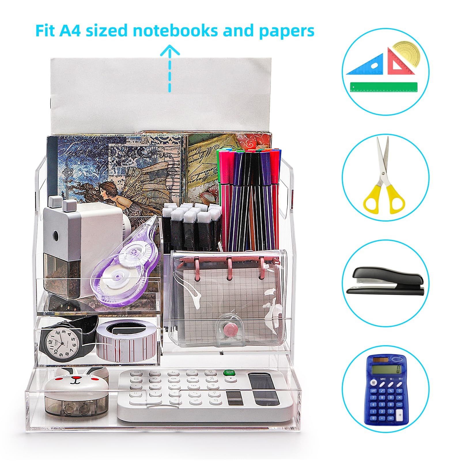 Cididu Organizador de escritorio acrílico con 2 cajones, organizador de cajones de oficina transparente con asa, soporte para lápices, accesorios de escritorio, 7 compartimentos para maquillaje
