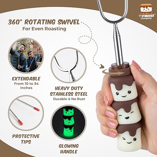 Miniatura 5 de The S'mores Company - Varillas para asar malvaviscos que brillan en la oscuridad - Juego de 4 palitos giratorios - Palitos telescópicos extra largos