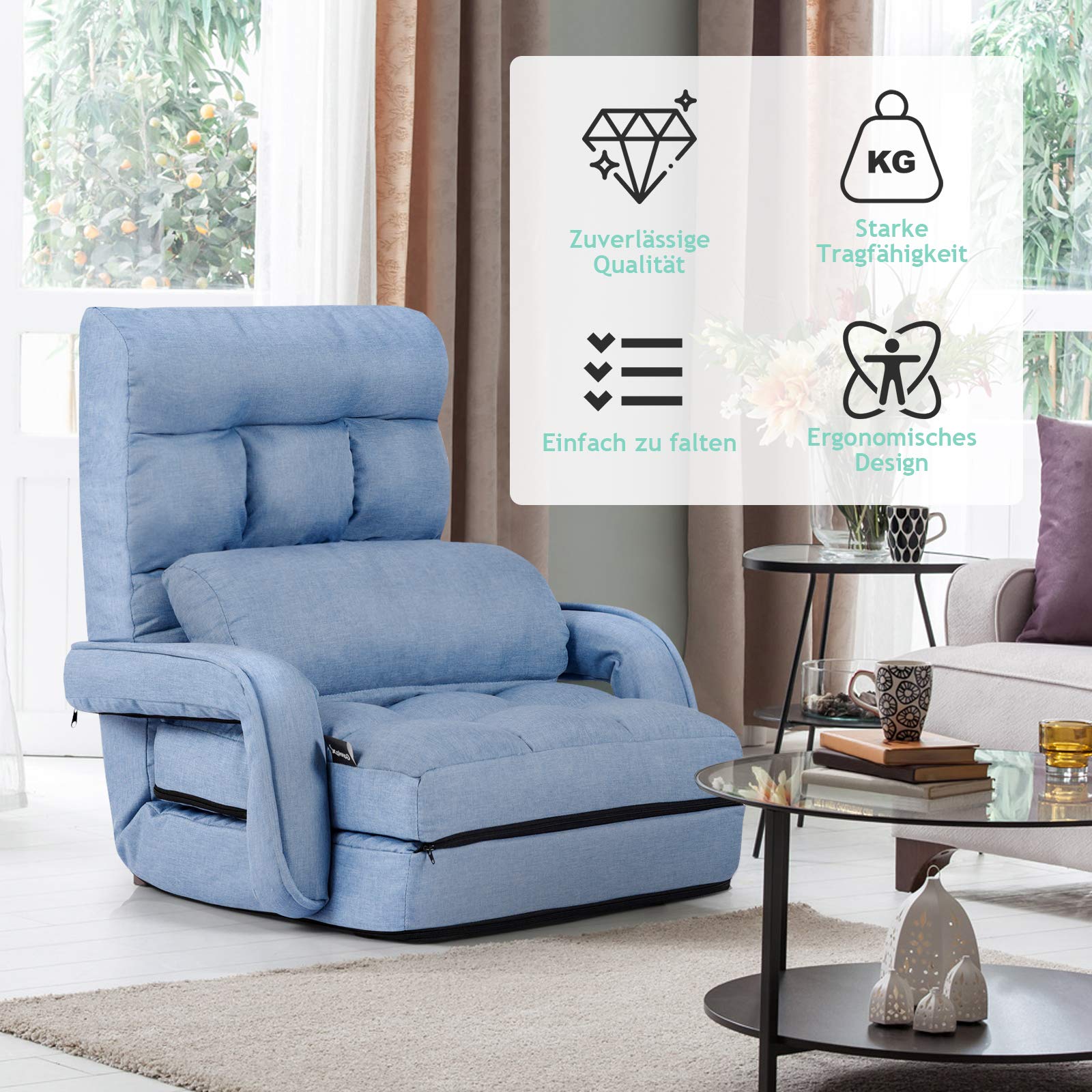 GOPLUS Sillón Convertible 18 Rejillas, Sofá Cama Plegable, Sillón Relax con Respaldo Ajustable en 5 Posiciones, Fácil Almacenaje, para Salón Oficina Dormitorio (Azul)