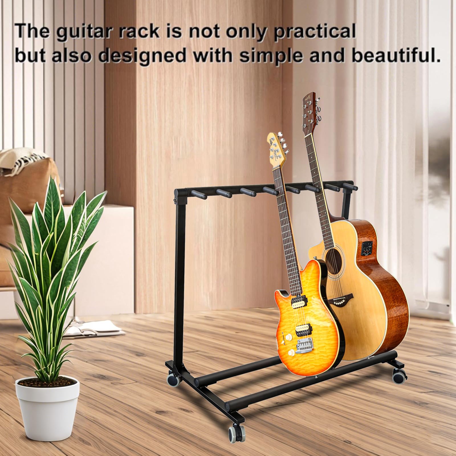 Supporto per chitarra multi con ruote, 7 supporti, pieghevole, con imbottitura in gomma antiscivolo, per casa, palco, basso, acustico, elettrico, studio