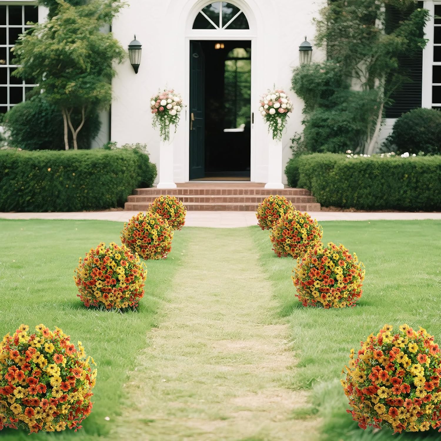 momoplant Artificial Boxwood Topiary Ball Tree with Mum Flowers 24” Tall Faux Plant with Ground Spikes Set of 2 Fake Flower Bushs for Farmhouse Porch Home Garden Decor