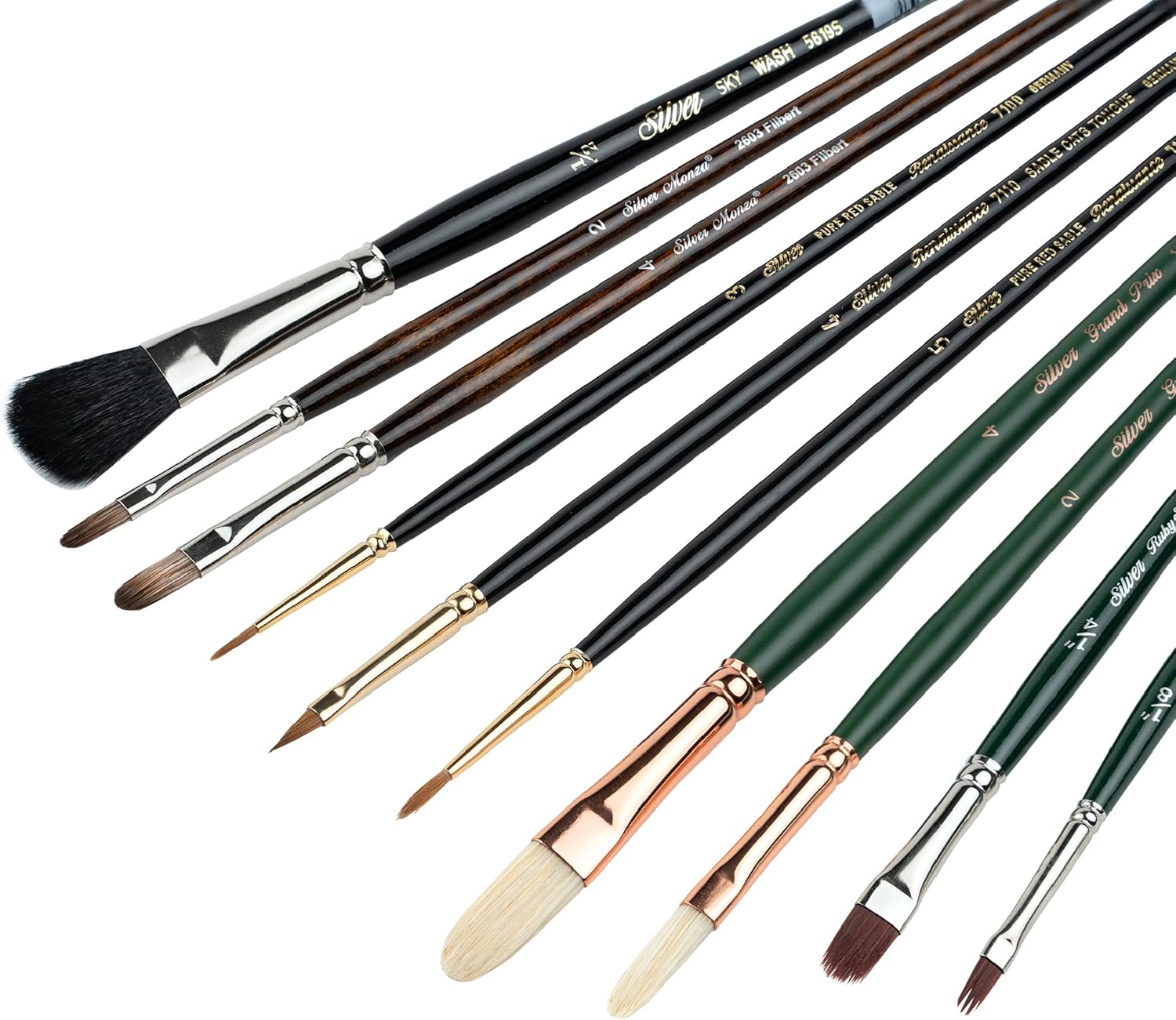 Silver Brush Limited CH-9910 Christopher Remmers 10pc Essentials Oil Paint Brush Set, Filberts, Rounds, Cats Tongue, Grass Comb, and Sky Wash Professional Artist Paint Brushes, Short and Long Handle