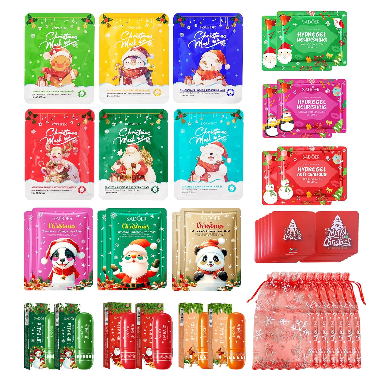36 Stück Weihnachten Skin Care Set, Weihnachten Gesichtsmasken Kinder, Weihnachtslippenbalsam, Augenmaske, Lippenmaske, Tuchmaske weihnachten, Teenager Mädchen Weihnachtsgeschenke