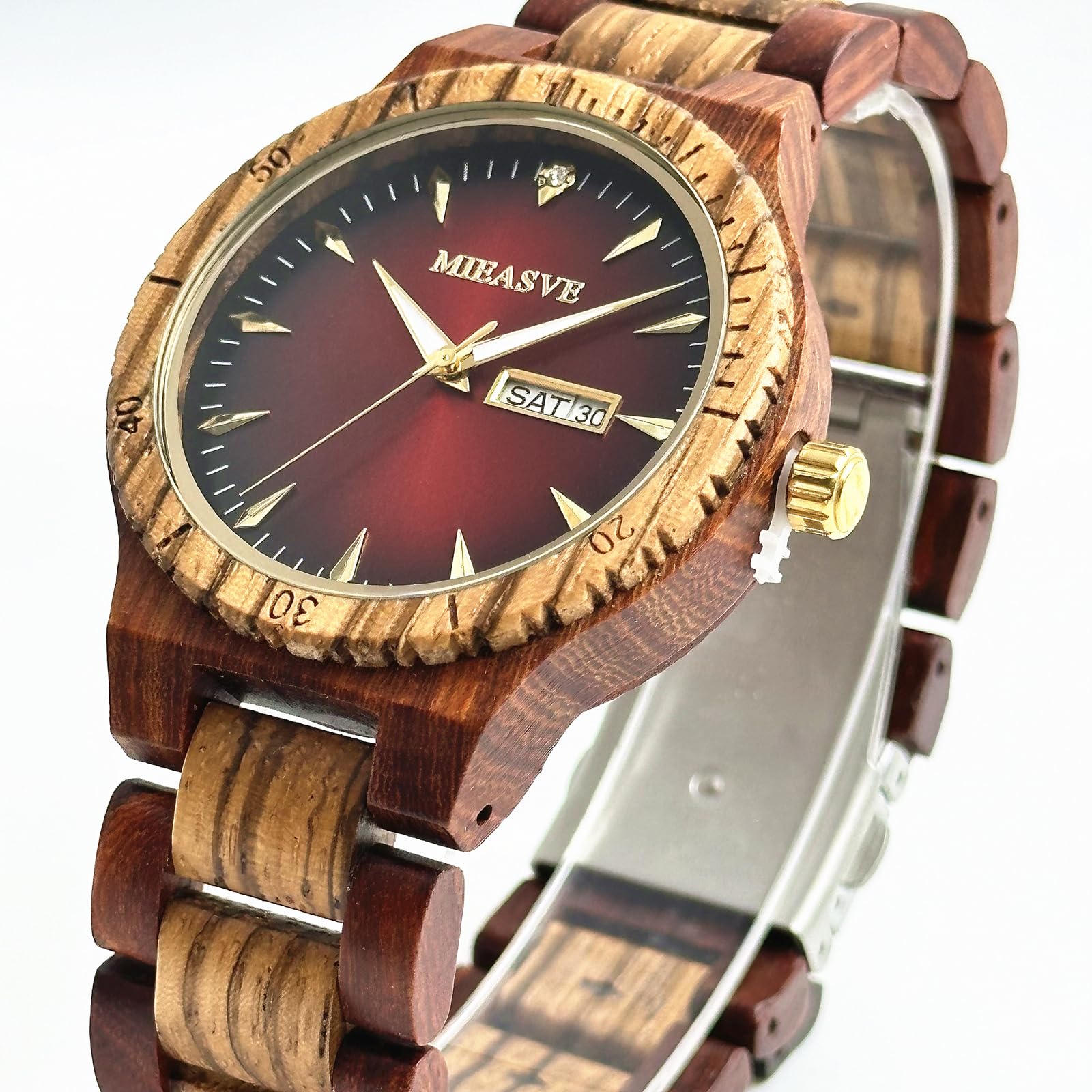 Relojes de madera hechos a mano para hombre, esfera roja, ligero, analógico, de cuarzo, correa ajustable