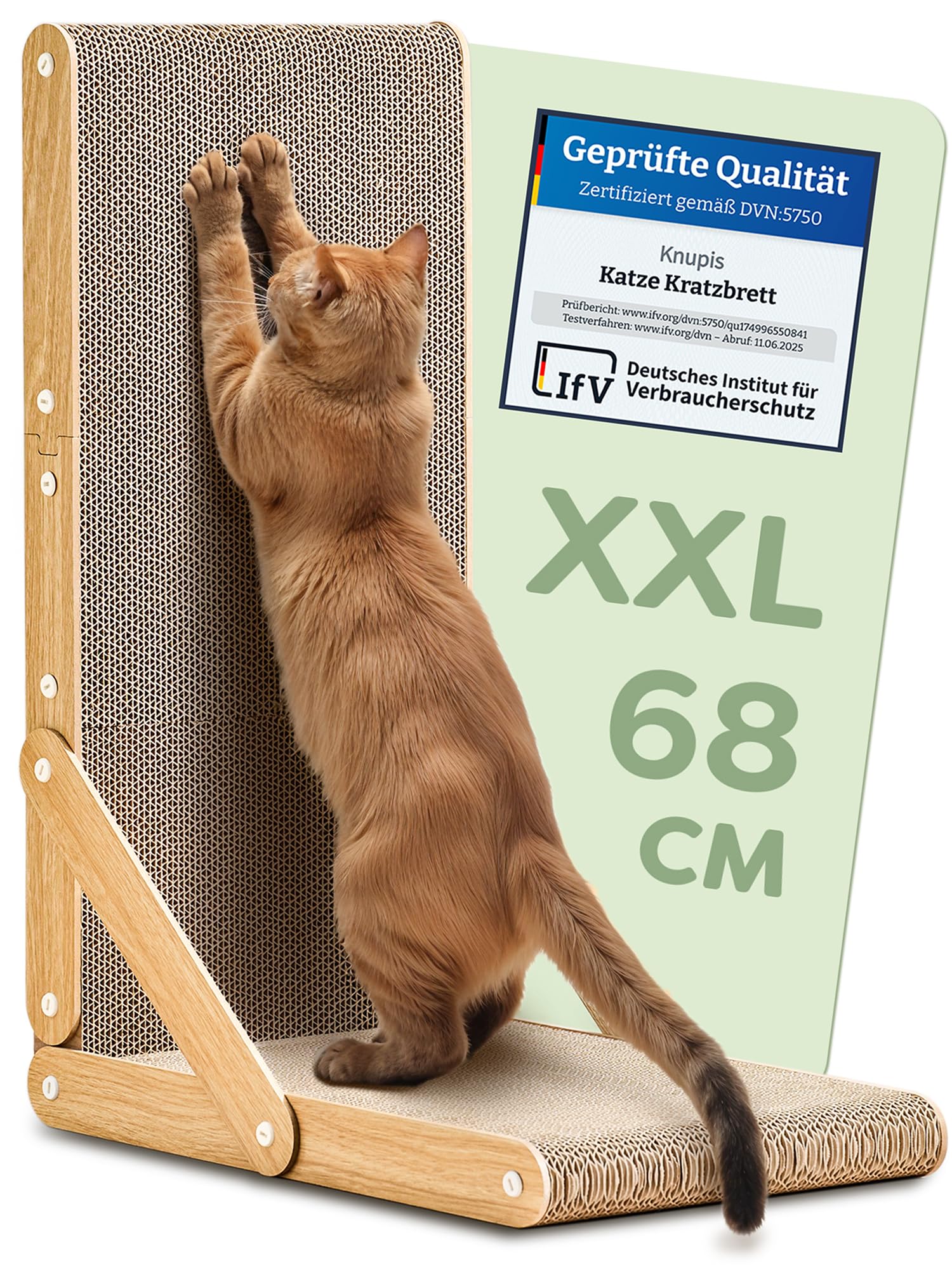Knupis Kratzbrett Katze Groß 68 cm - Kratzfeste Kratzpappe für Katzen zur Krallenpflege - Bis zu 2 Jahre Kratzspaß - Leichte Montage - Wendbares Design L förmig - Kratzmatte für Sofa & Wandschutz