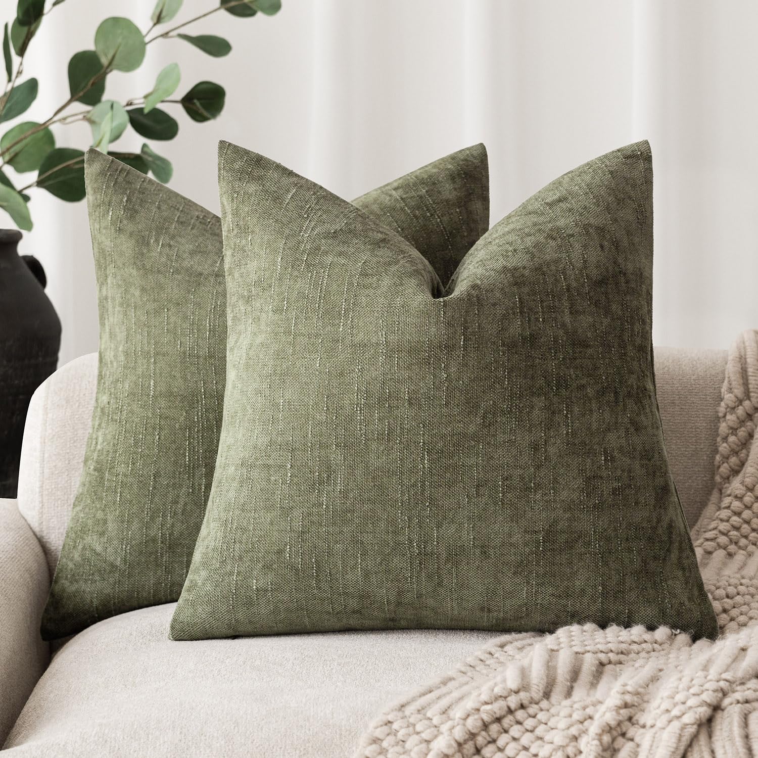 Foindtower Pack of 2 Soft Textured Chenille Throw Decorative Pillow Covers Square Accent Solid Cushion Cover Cozy Neutral Farmhouse Pillow Case for