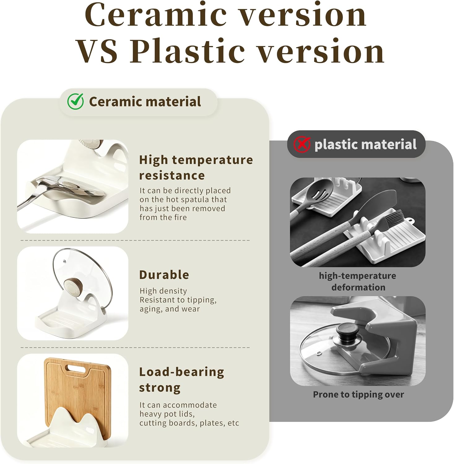 Ceramic Spoon Rest and Pot Lid Holder for Countertop, Heavy Duty Ceramic Spoon Holder for Stove Top, Multi-Purpose Ladle Spatula Holder & Cutting Board Stand, Space-Saving Kitchen Organizer Tray