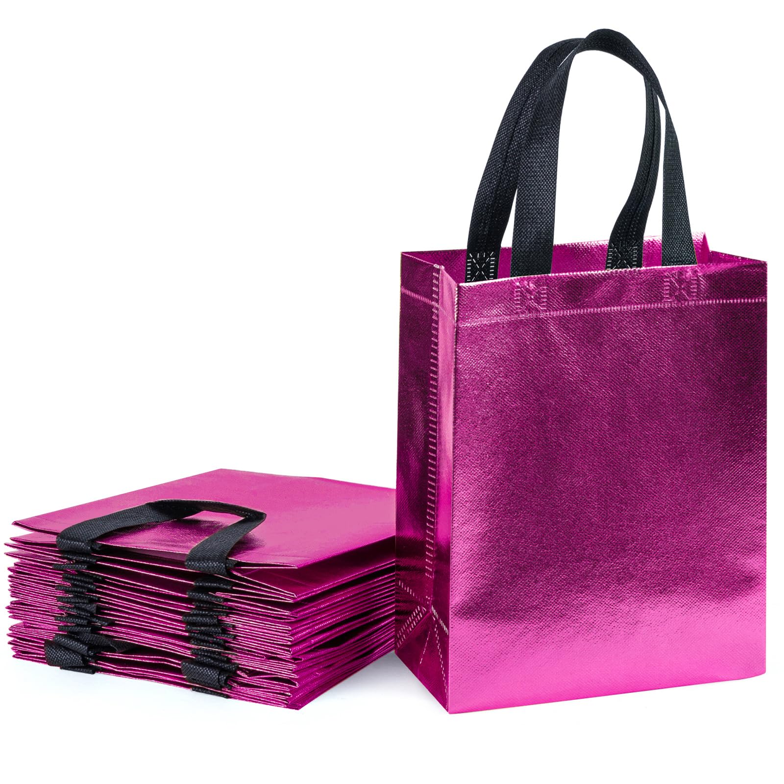 WRAPAHOLIC 12 Pack Reusable Hot Pink Gift Bag with Handles - Medium Size 8 x 4 x 10 inch - Perfect for Baby Gift Bags, Shopping, Goodie Bag, Party