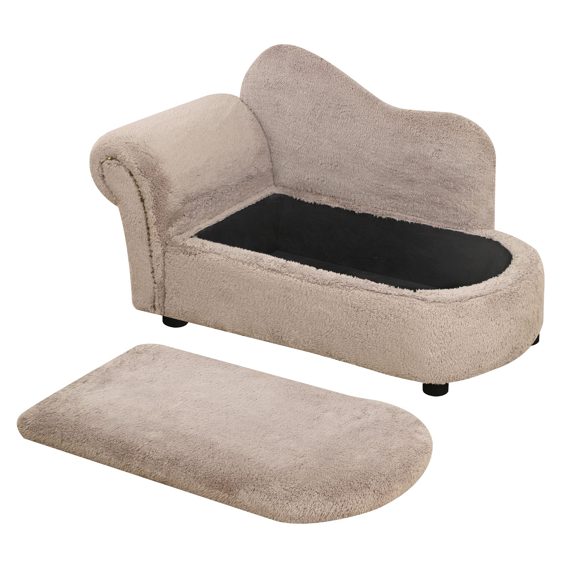 PawHut Divano per Cani Rialzato con Spazio Portaoggetti a Scomparsa, Divano Imbottito in Legno e Tessuto Vellutato, 80x40x46 cm, Beige