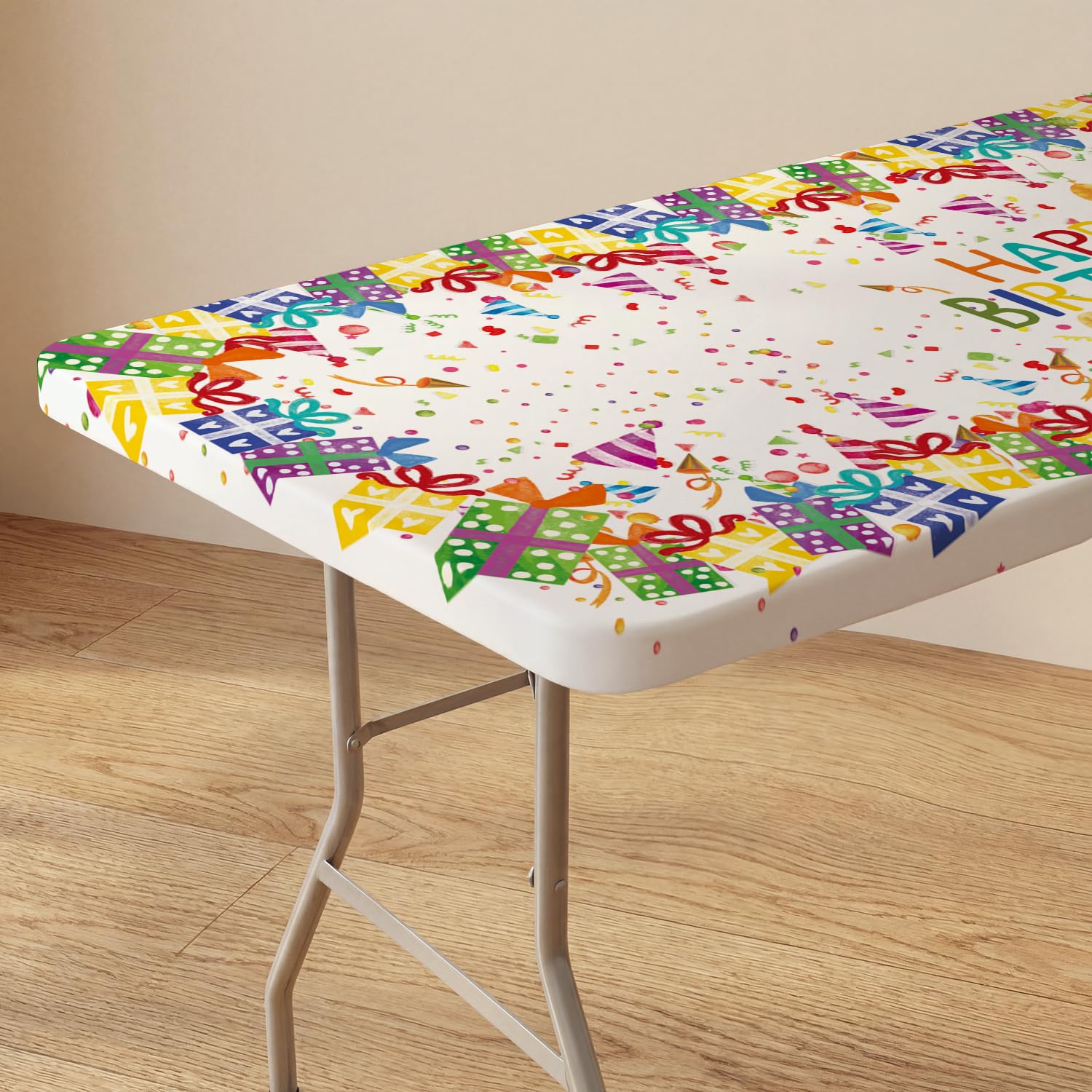 Photo 1 of Horaldaily Regular Fitted Tablecloth 72 x 30 Inch Rectangular, Colorful Happy Birthday Gifts Washable Table Cover Elastic Edged for Dinning, Picnic, Camping, Banquet