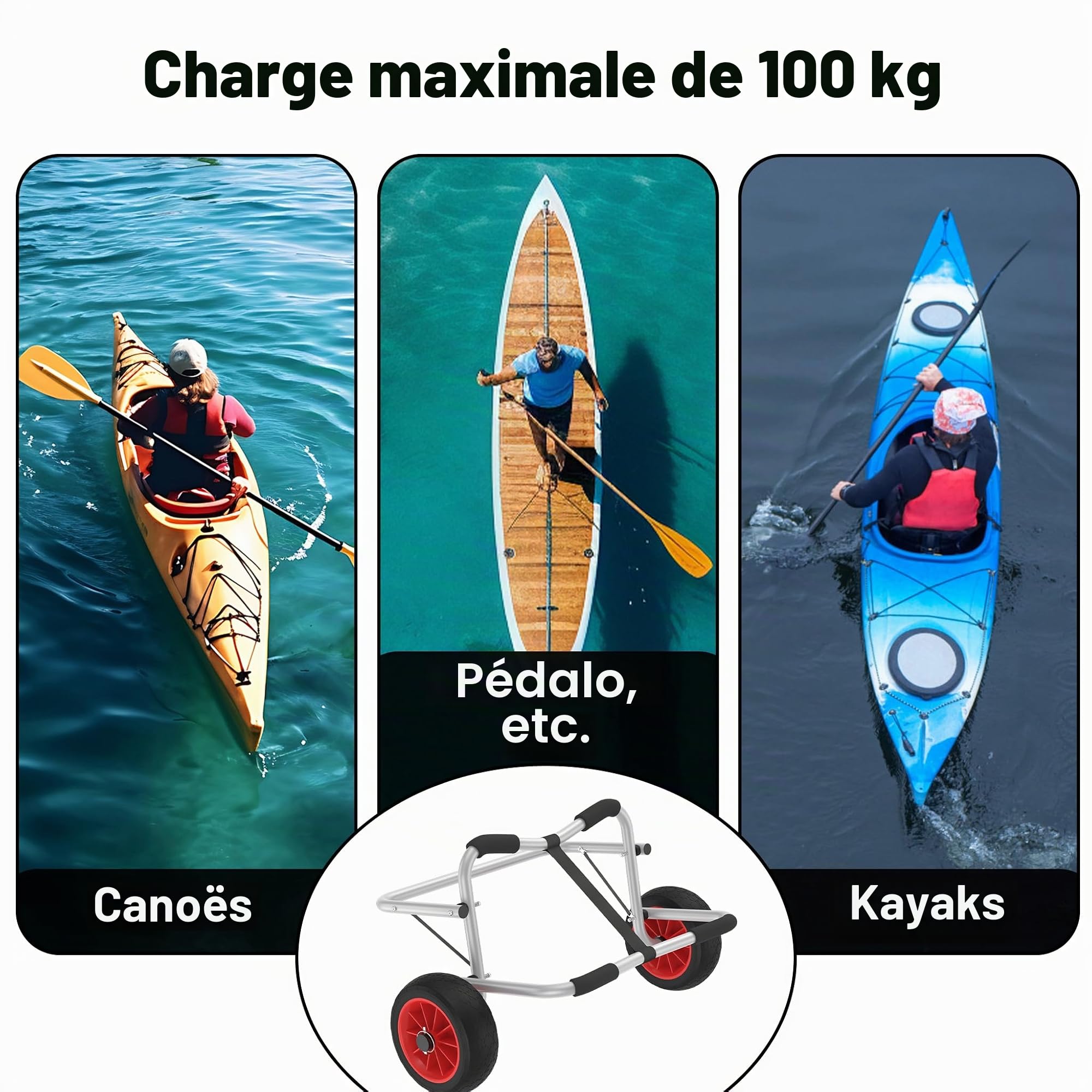 UISEBRT Chariot de transport pliable en aluminium avec sangles de 3 m pour canoë, kayak, bateau pneumatique, capacité de charge jusqu'à 100 kg
