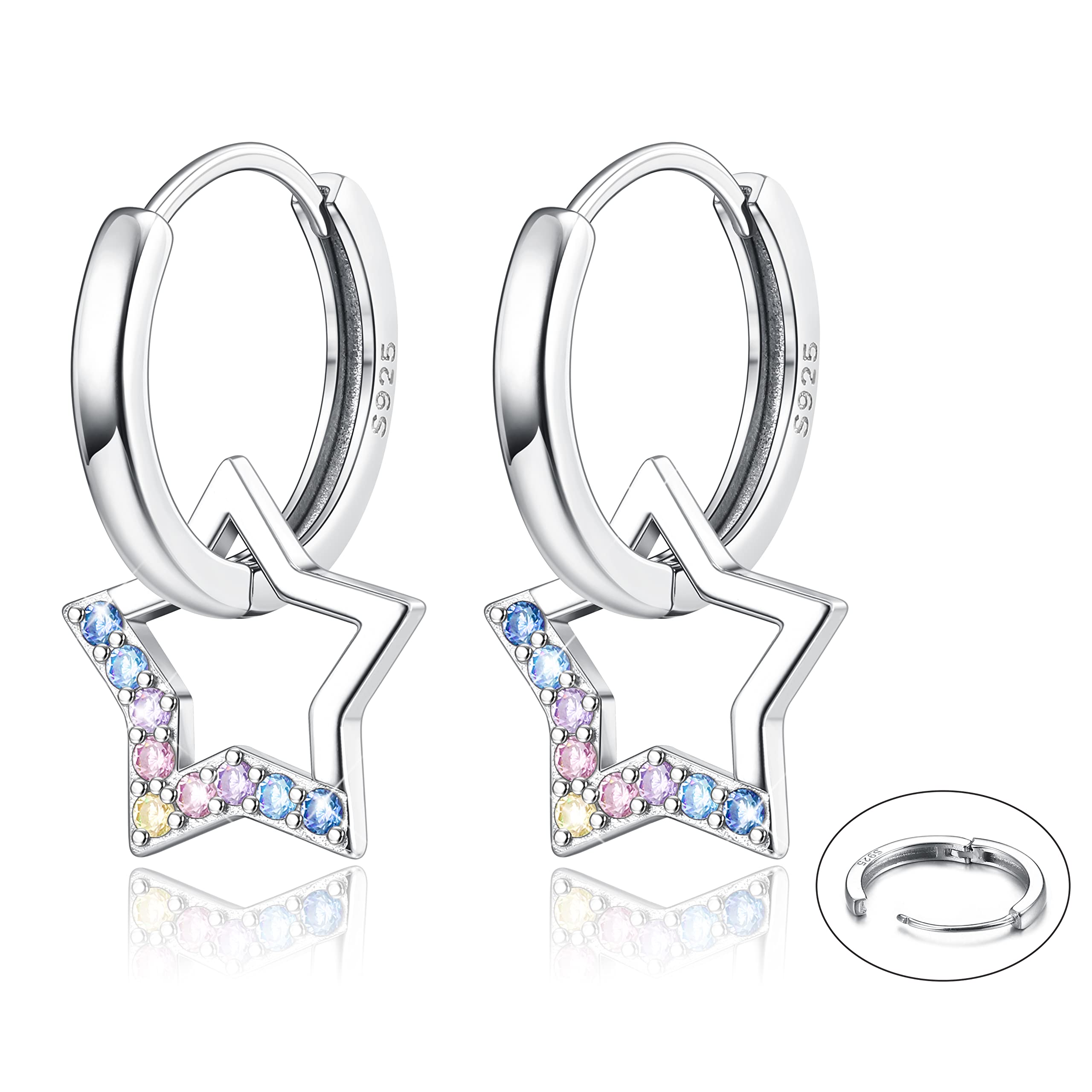 Adramata Pendientes Mujer Plata Hipoalergénica Pendientes de Plata de Ley 925 Pendientes de Estrella Delicados Pendientes Colgantes Pendientes de Aros de Plata para Mujer Niña