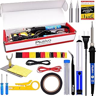 Soldering Iron Kit Electronics, Soldering Iron 60W Adjustable Temperature, Solder Wire, Wire Stripper, Desoldering Pump, Tweezers, Solder Tips, Mini Stand, Screwdrivers, Heatshrink Tubes from Plusivo