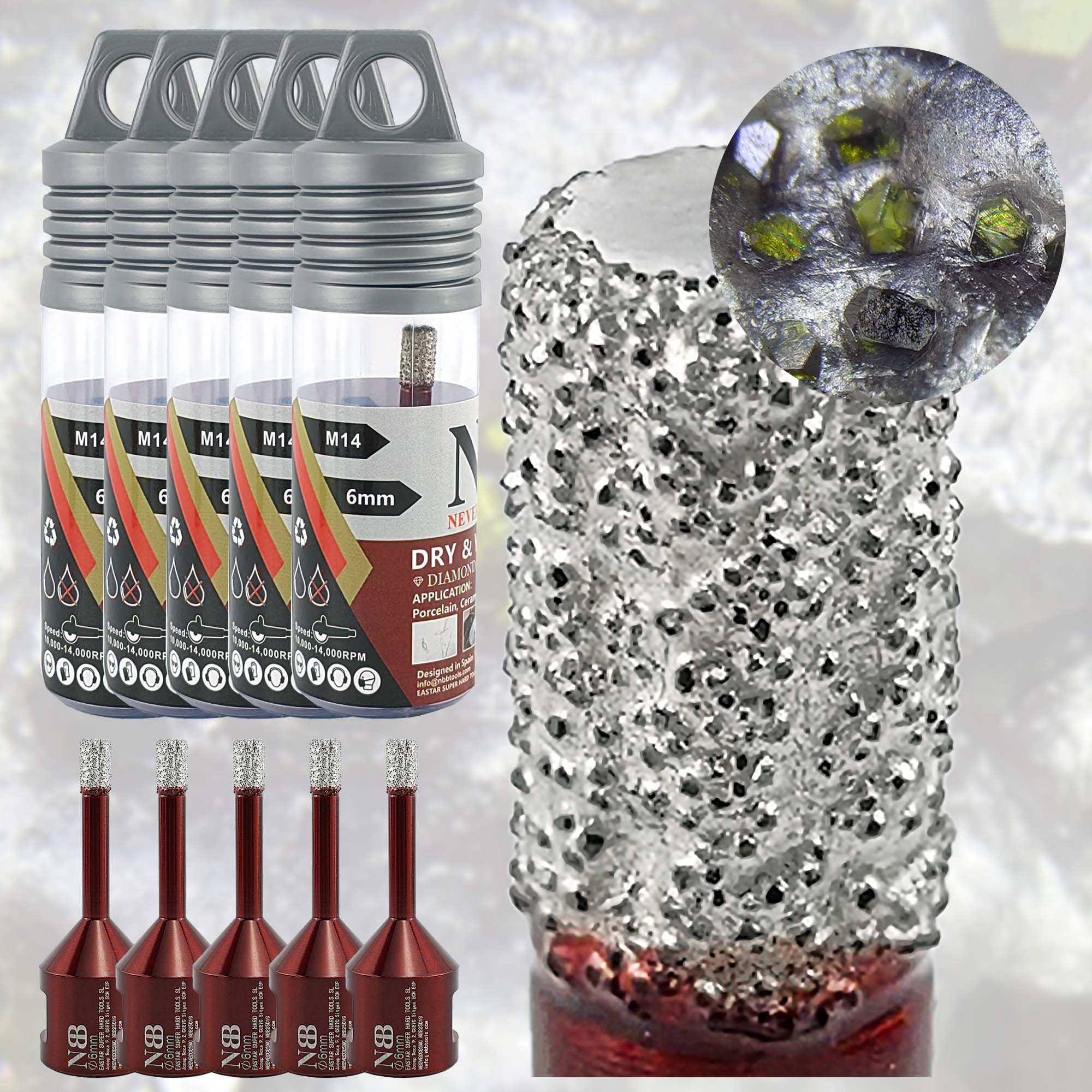 NBB Diamentowe wiertło diamentowe z M14, diamentowa korona do wiercenia na sucho i na mokro w twardej porcelany ceramicznej płytki granitowe marmurowe płytki do szlifierki kątowej (5 szt., 6 mm)