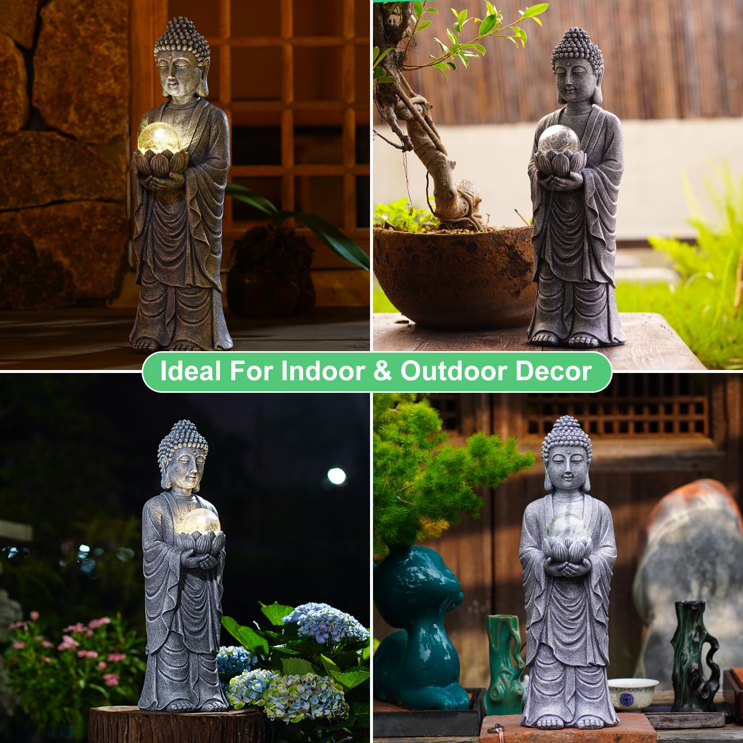 Yeomoo Solarna figurka Buddy, wysokość 46 cm, z efektem crackle LED, duża duchowa dekoracja do ogrodu Zen, medytacji, jogi i Feng Shui, prezent dla kobiet/mamy (ogród, taras, salon), szara
