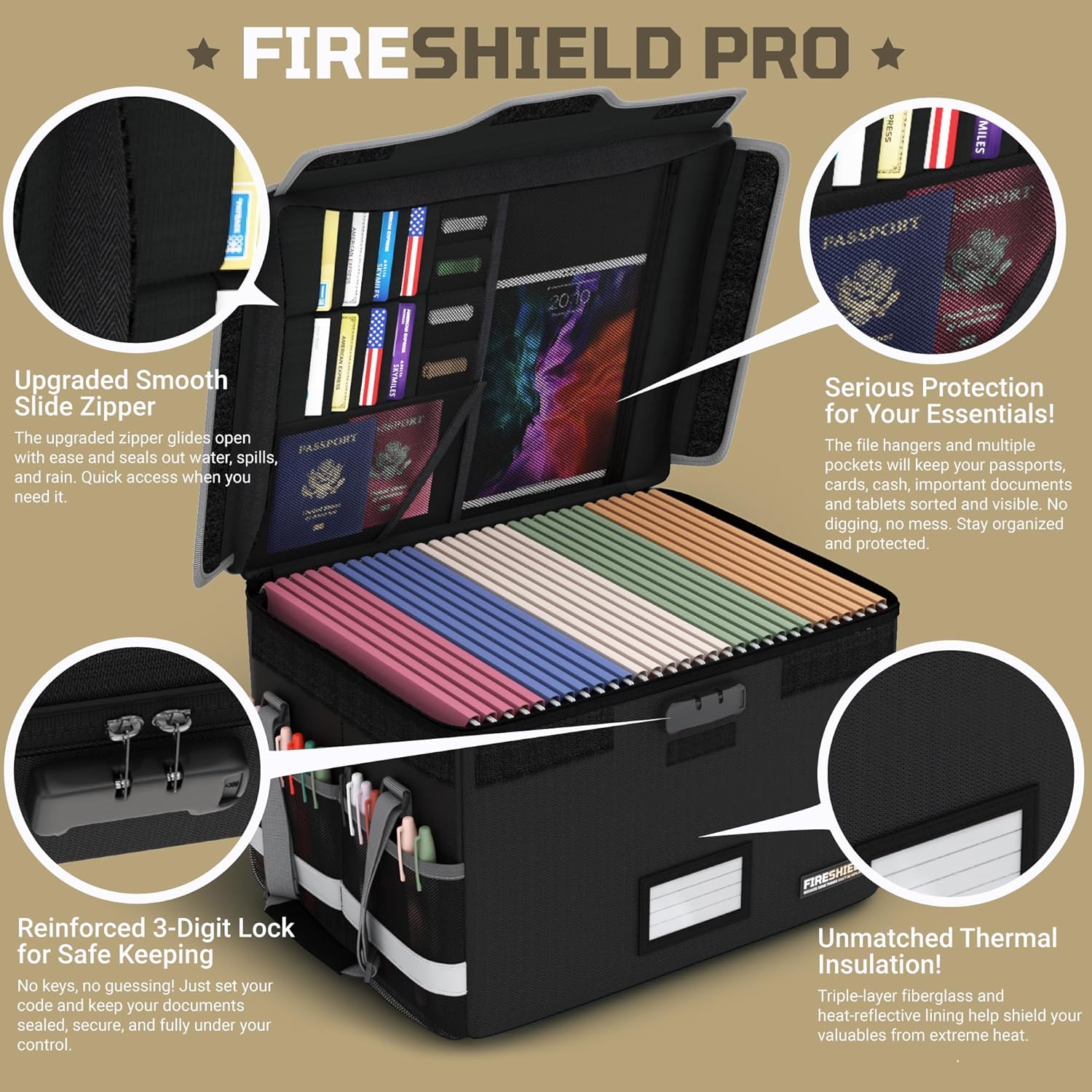 FIRESHIELD PRO 5200°F Fireproof Document Box with Lock – Portable Water Resistant File Organizer for Hanging/Legal Folders – Safe Storage for Home, Office or Travel – Black, Size: 16.1 x 12.9 x 11