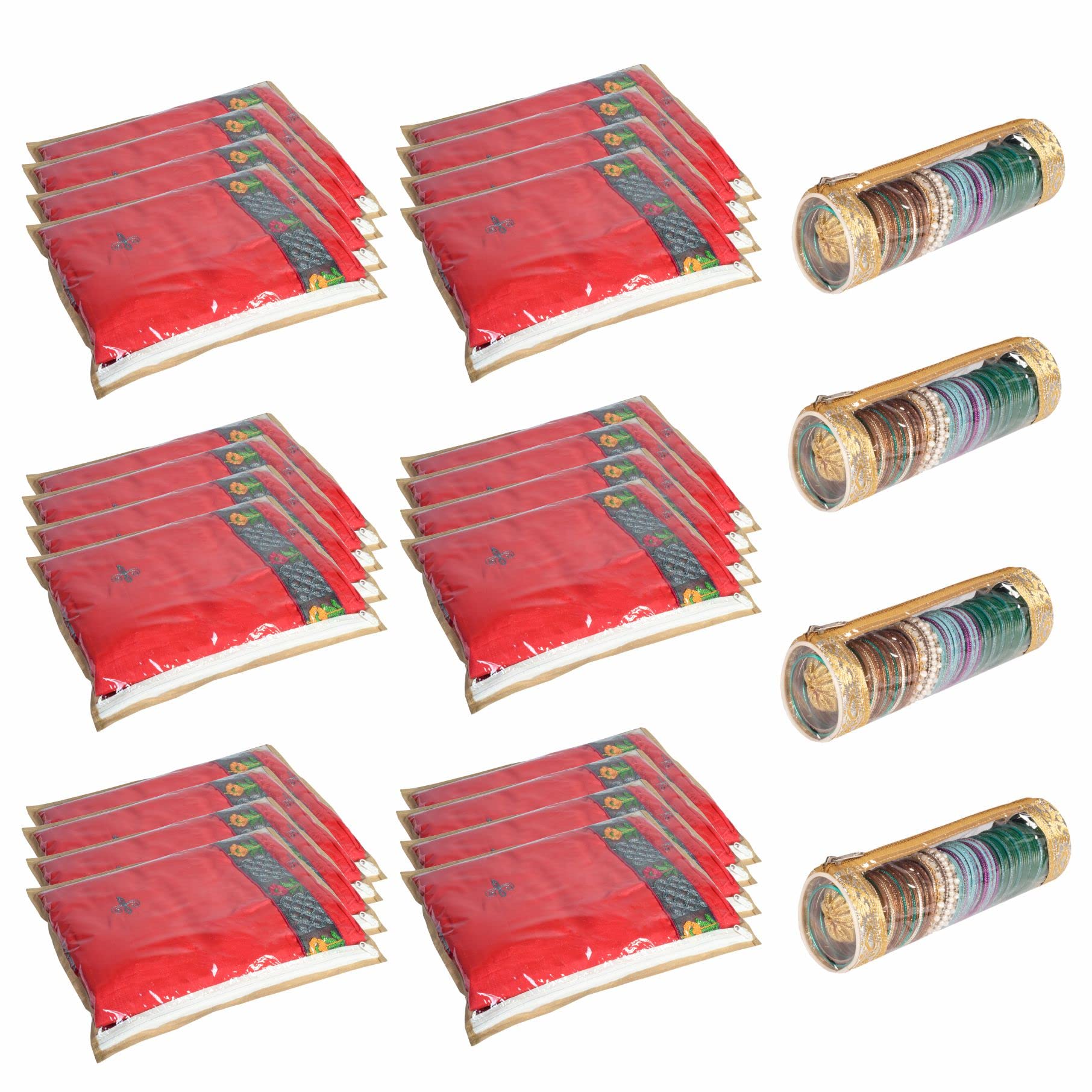 HomeStrap Combo Of 24 Foldable Single Saree Covers(Beige) & 4 Single Rod Storage Bangle Pouch Chudi Organizer( Golden, Polypropylene), Red