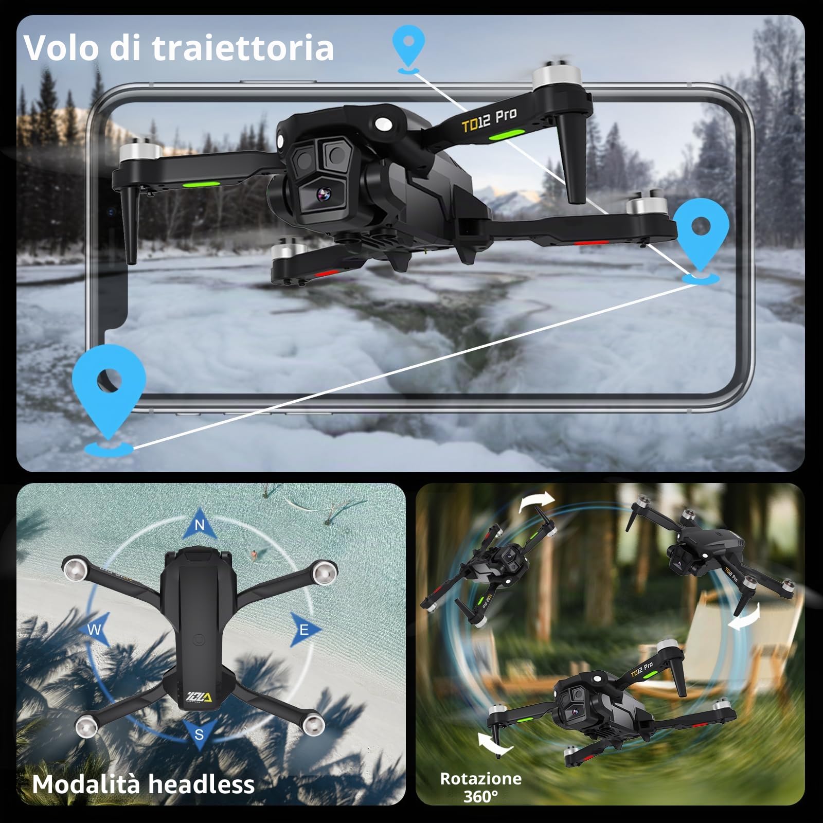 Toladrone TD12PRO Mini Drone con Fotocamera per Principianti, Droni Pieghevole per Adulti Motore Brushless 3 Modalità di Velocità Posizionamento Ottico RC Quadcopter con Custodia da Trasporto