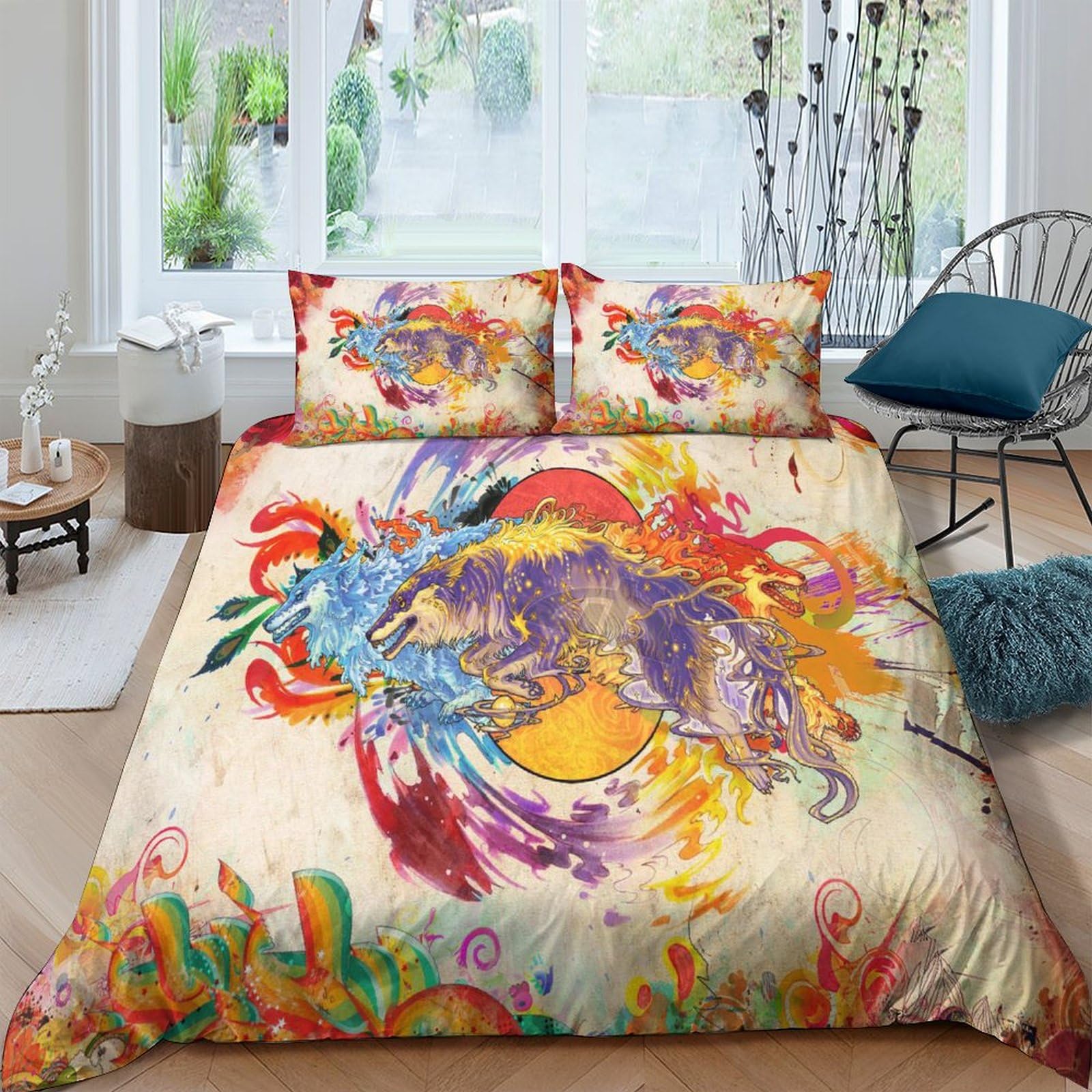 Parure de lit loup 3D avec housse de couette double 200x200 et taies en microfibre
