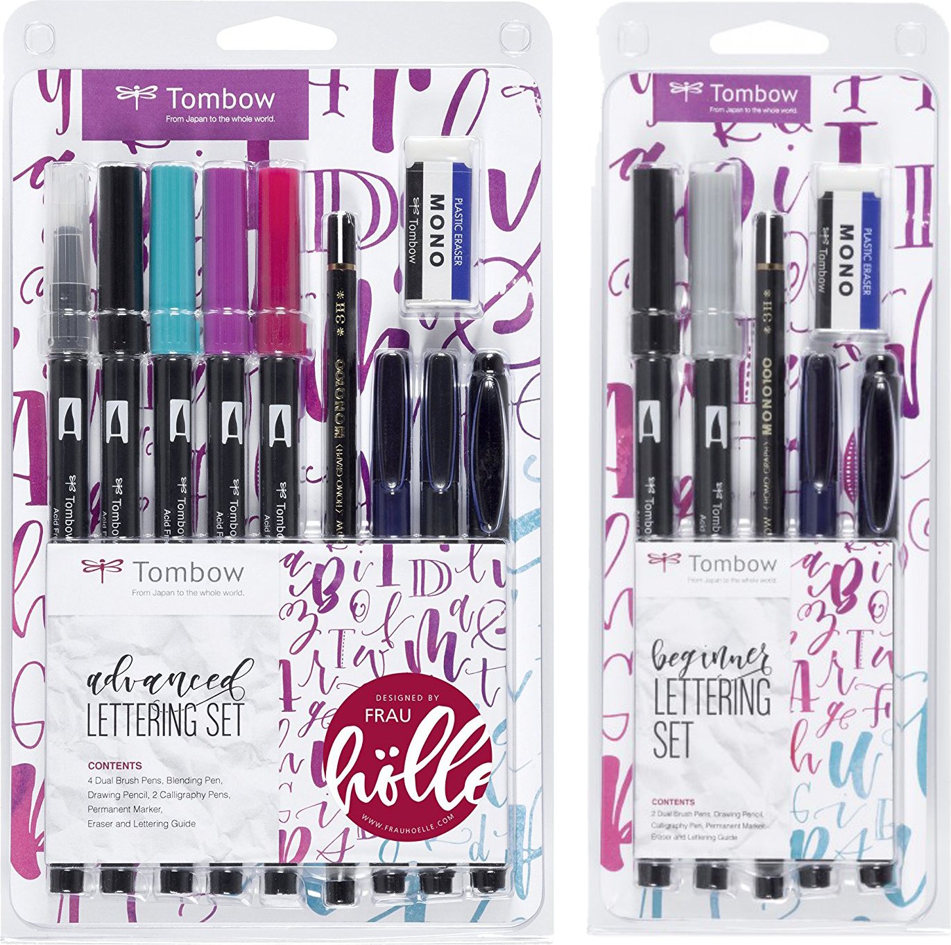 Tombow Lettering Sets"Beginner" 5 Stifte mit Radierer +"Advanced" 9 Stifte + Radierer, inkl. Anleitung, designed Frau Hölle