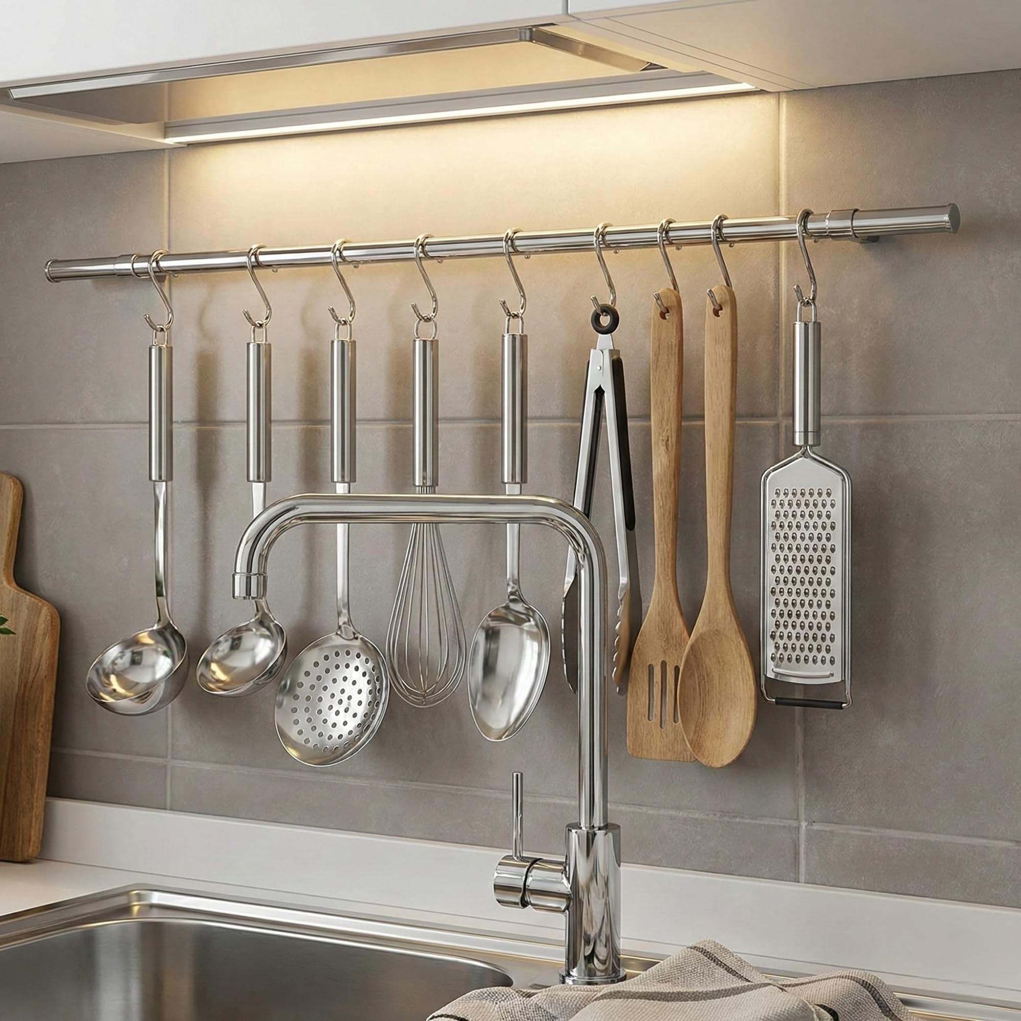 Barra Portautensili Cucina in Metallo 1.6x100 cm, 5 Ganci a S inclusi, Portautensili da Cucina Appendi Mestoli e Utensili Sottopensile