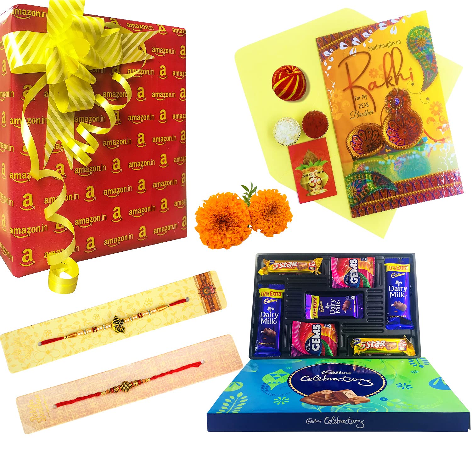 Almoda Creations 2 Rakhi Set with Chocolate and Rakhi Greeting Card, Cadbury Celebrations Festive Chocolate Gift Box, Tilak Pouch & Kalawa Roll with Wrapping and Handwritten Custom Rakhi Message