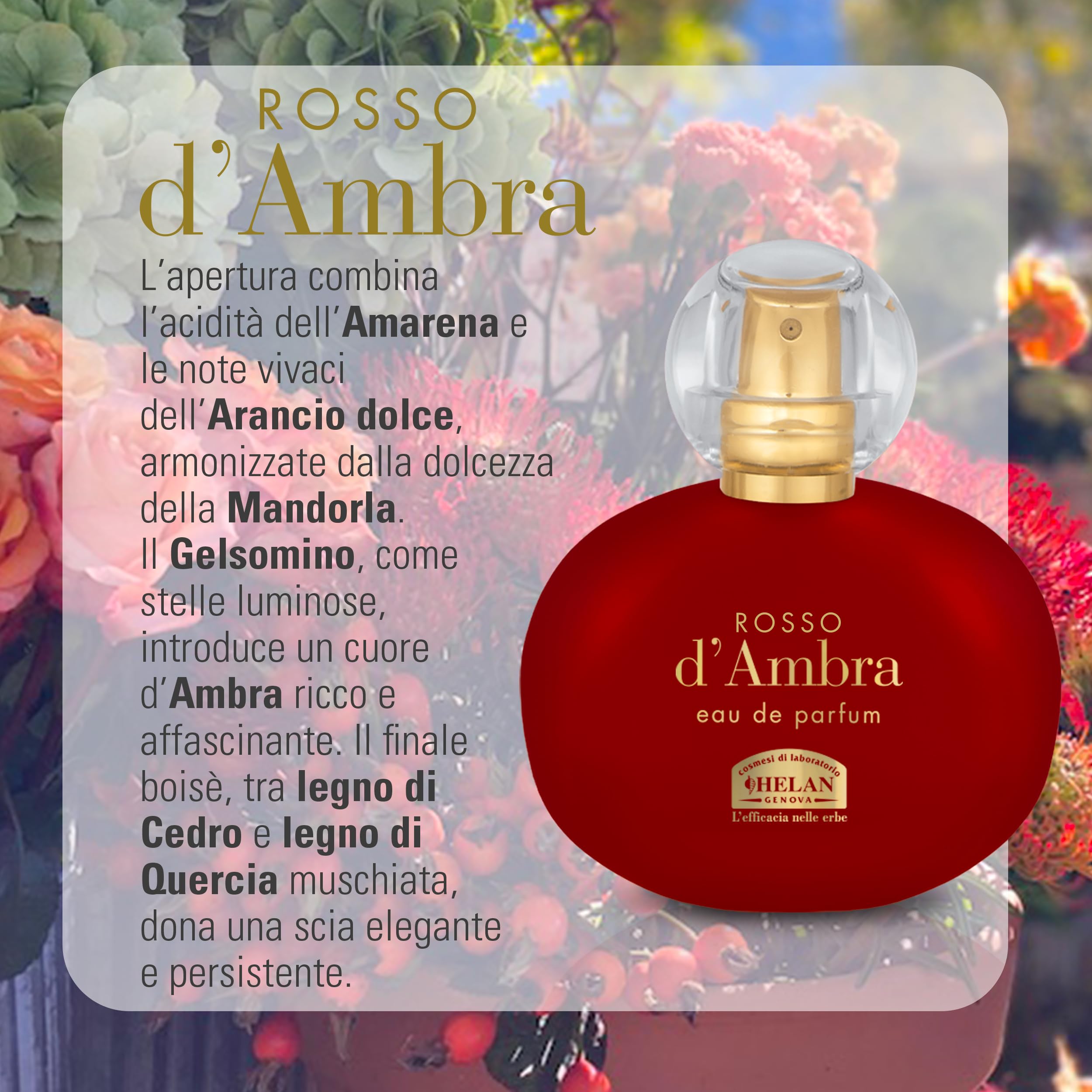Helan, Rosso d'Ambra - Profumo Donna Avvolgente con Mandorle Dolci, Eau de Parfum Donna Fruttato Ambrato Legnoso, Profumi Donna dalle Note Equilibrate Dolci e Speziate, Fragranza Made in Italy, 50 ml