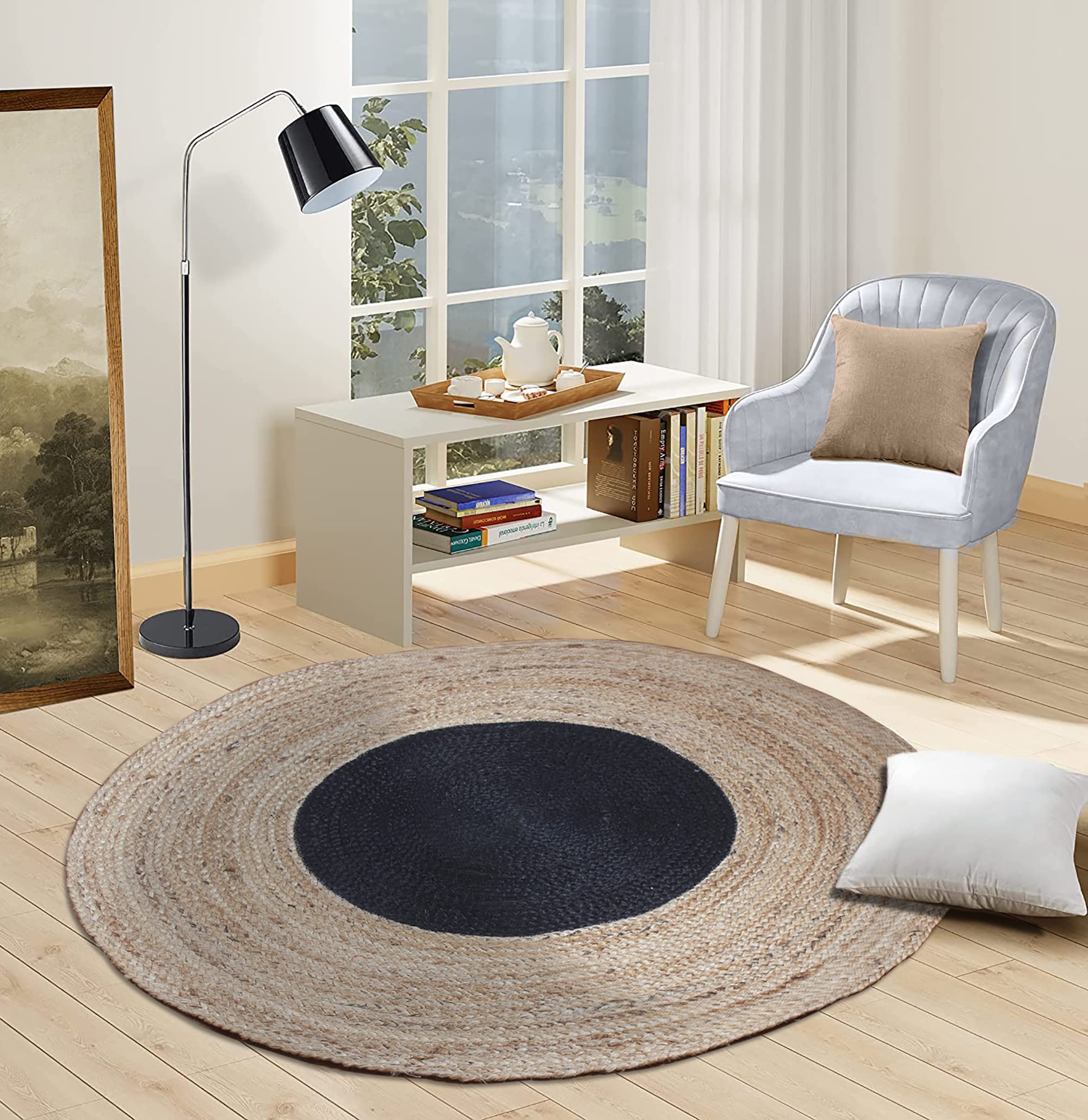 Tapis rond 1,5m tressé main idéal pour réchauffer l'ambiance du salon et de la chambre