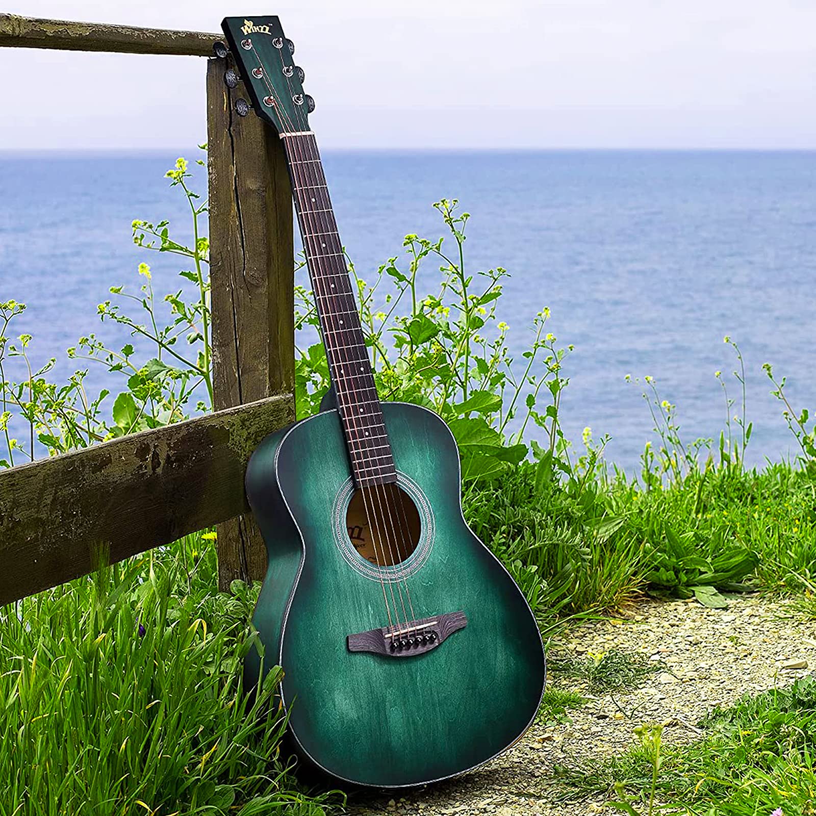 Winzz Akustik Gitarre 3/4 Kinder, Kleine Westerngitarre für Anfänger Erwachsene mit Multifunktionales Metronom, Blau-grün Reisegitarre Set 36 Zoll