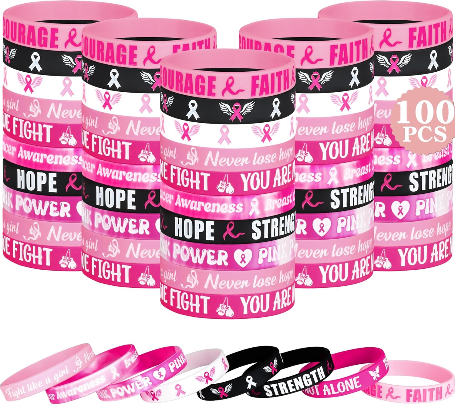 Amazon.com: EOBOH 100pcs Breast Cancer Bracelets, Rubber Bracelets ...