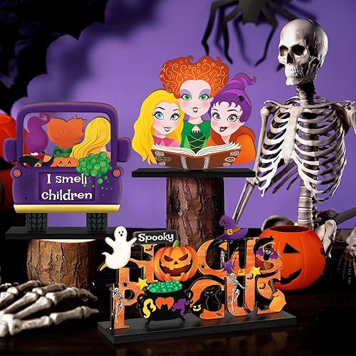 Miniatura 4 de 3 piezas de decoración de mesa de Halloween de Hocus Pocus, hermanas de bruja de Halloween, centro de mesa de madera para mesa de camión I Smell