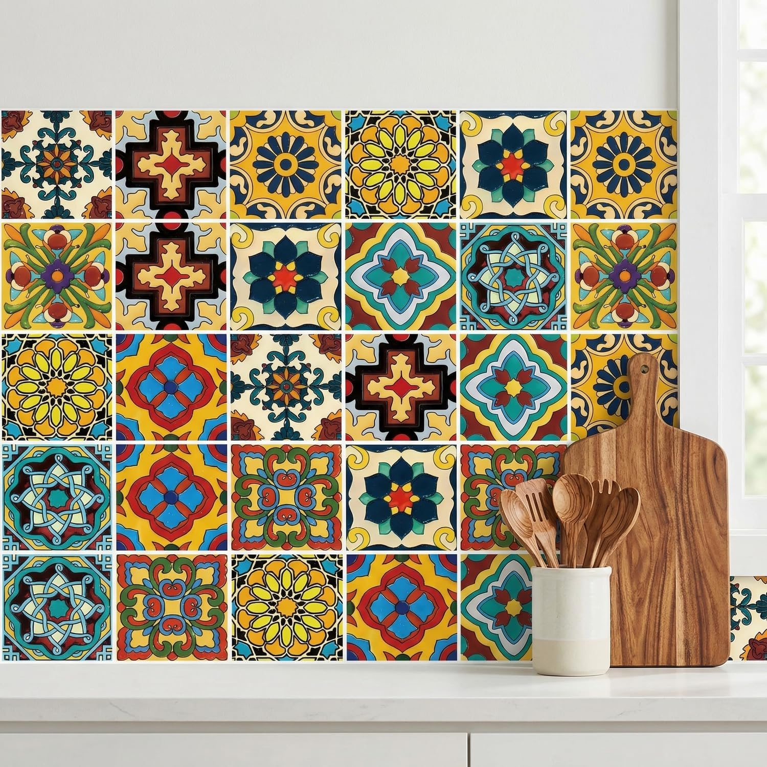 30 Pcs Mexican Talavera Tile Stickers, 4x4 Inch Colorful Spanish Peel and Stick Backsplash, Waterproof Vinyl Decals for Kitchen Fiesta Decor