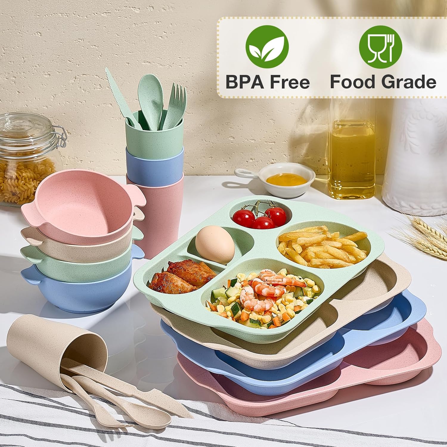 24 Pcs Wheat Straw Dinnerware Cutlery Set, Unbreakable Tableware Set, Including Kids Toddlers Divided Plates, Bowls, Cup, Cutlery Spoons Knifes Forks, BPA Free, Microwave Dishwasher Safe image 4 of 7 B0CZSDS344