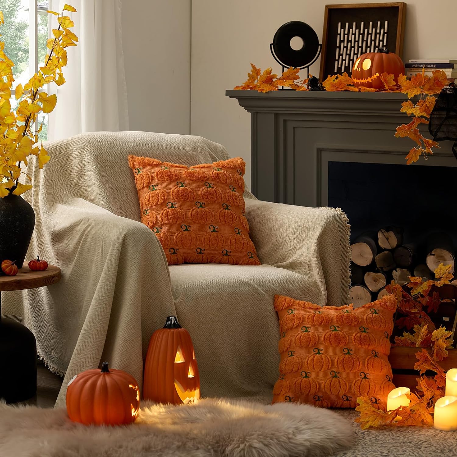 GIGIZAZA Fall Orange Pumpkin Pillow Covers 20x20, Pack of 2 Halloween Couch Throw Pillows Cute Decorative Covers for Lving Room Sofa Faux Fur Pillow Cases Farmhouse Cushion Covers