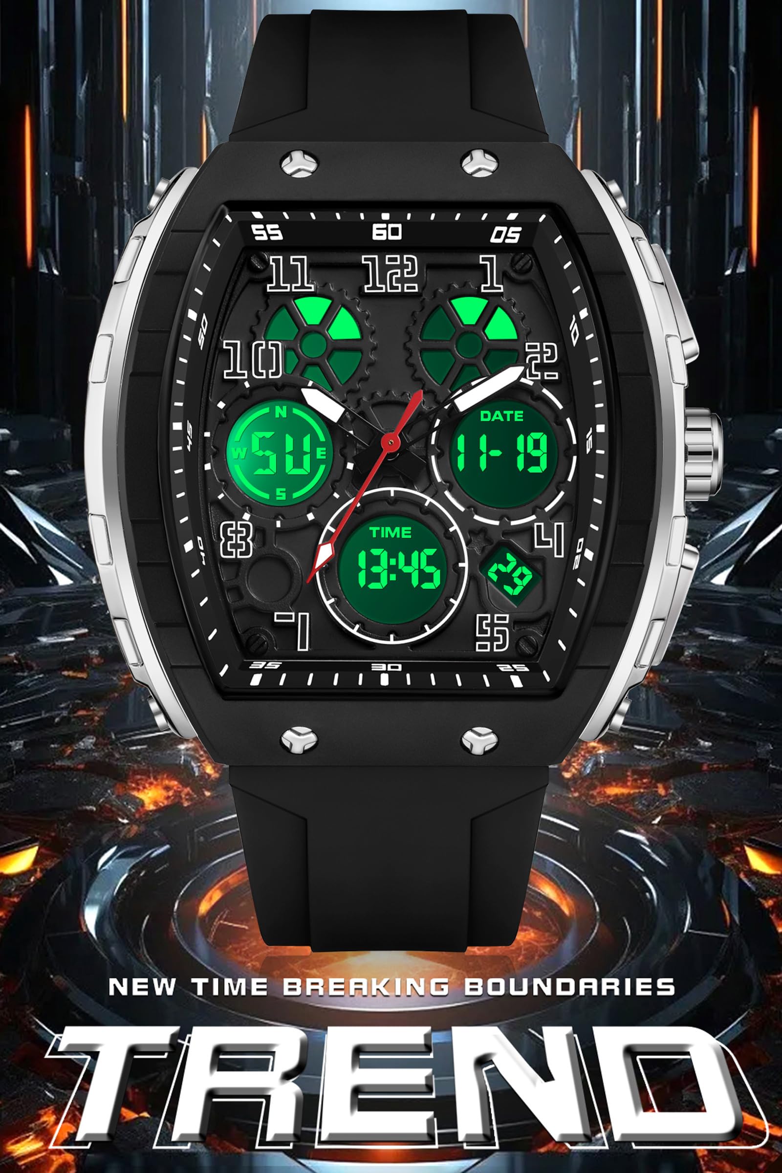 findtime Orologio rettangolare da uomo, design alla moda, creativo, digitale, analogico, al quarzo, con timer doppio, cronometro 5 ATM, impermeabile, bianco